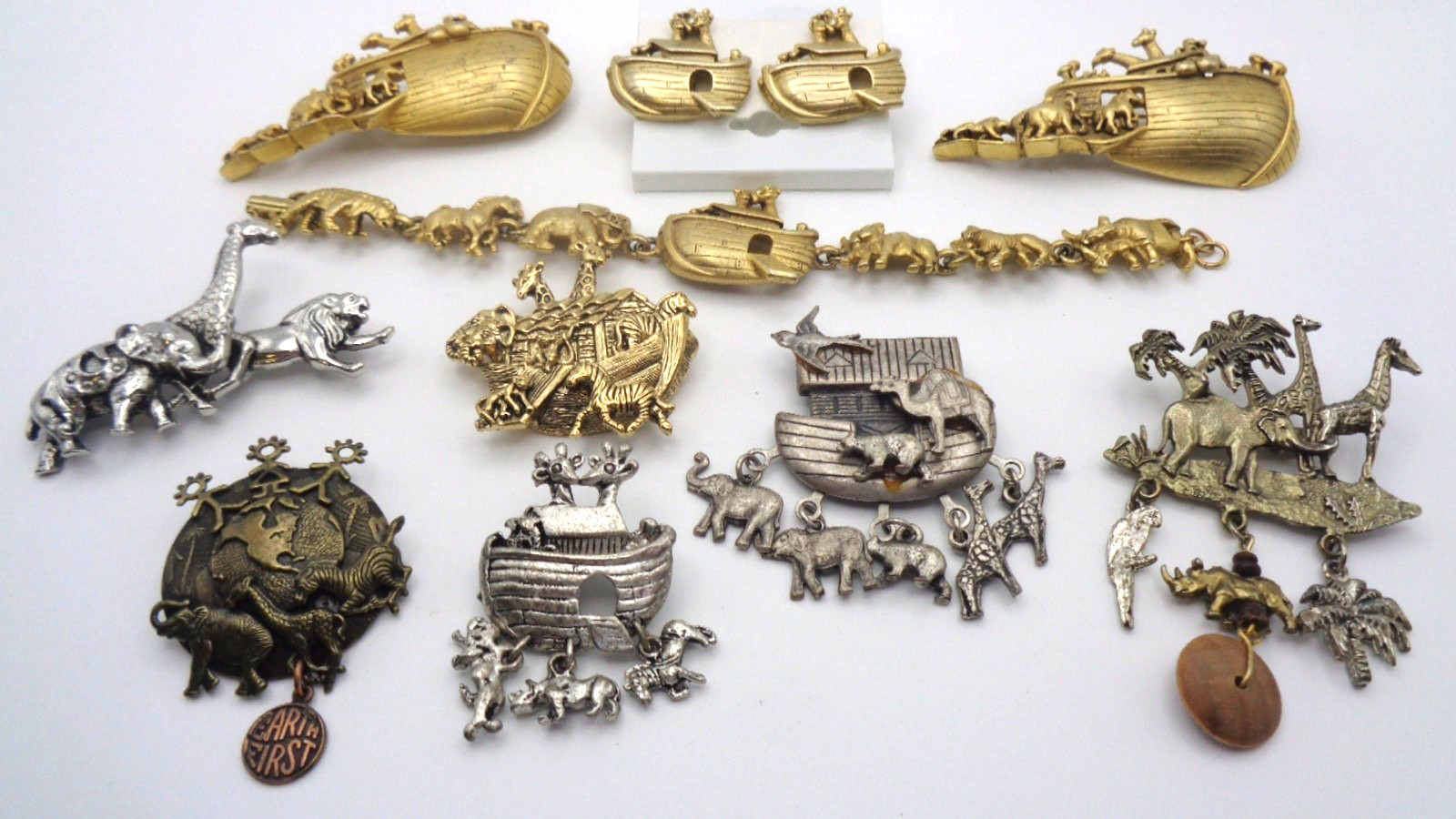 10 Vintage Gold & Silver Tone Noah’s Ark Animal Bracelet Brooch Clip Earring Lot