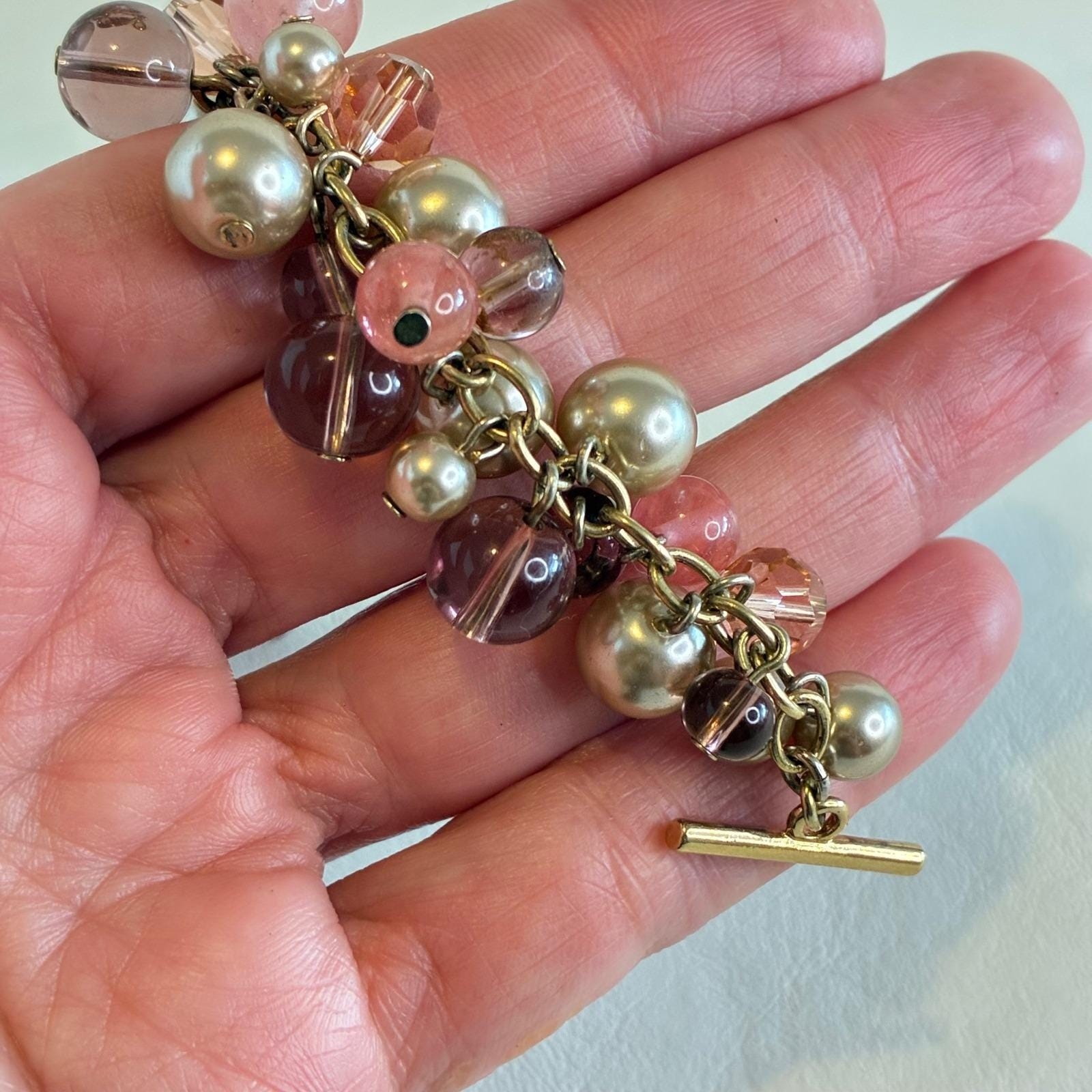 Vintage Carolee Bracelet Gold Tone Faux Pearl Glass Bead Rhinestone Charm Pink