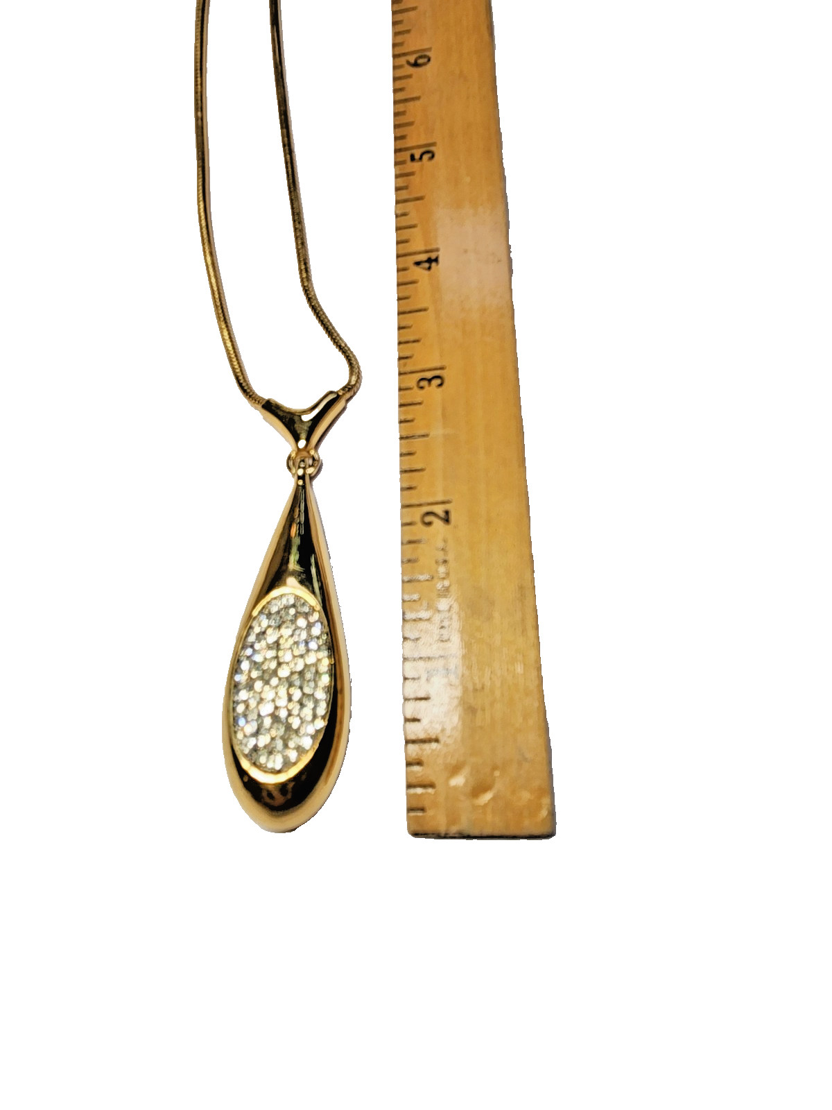 Vintage Trifari Pave Rhinestone Teardrop Pendant Necklace Gold Tone Snake Chain