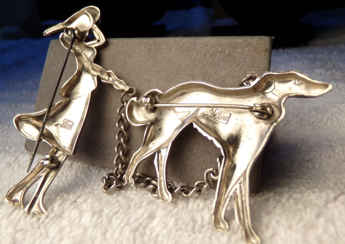 VTG CORO PEGASUS SILVER CHATELAINE DOUBLE PIN MODERN WOMAN WOLFHOUND DOG CHAIN