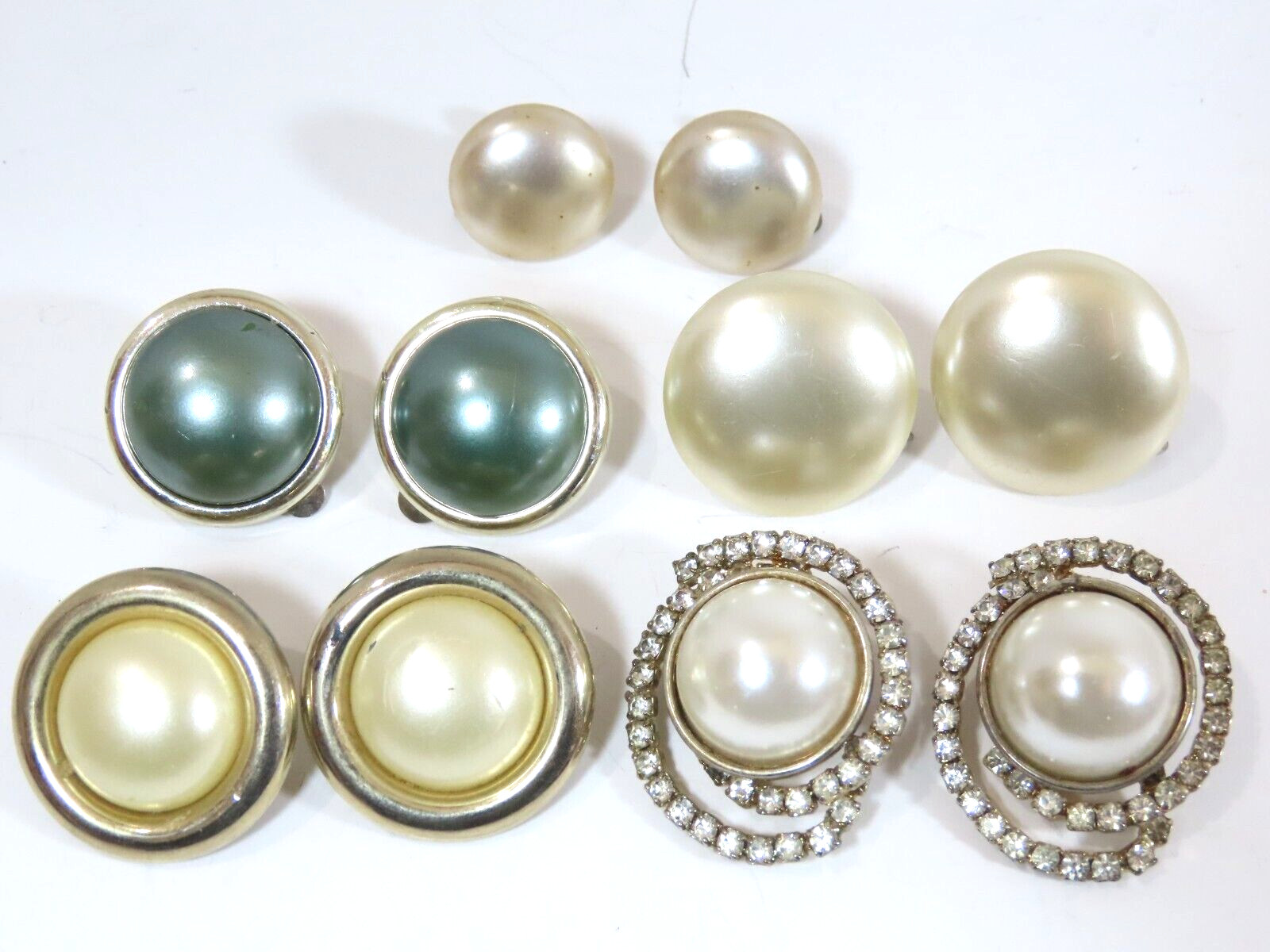 VTG Simulated Pearl Earring Lot Cabochon Dome Rhinestone Clip Screw Back D2078