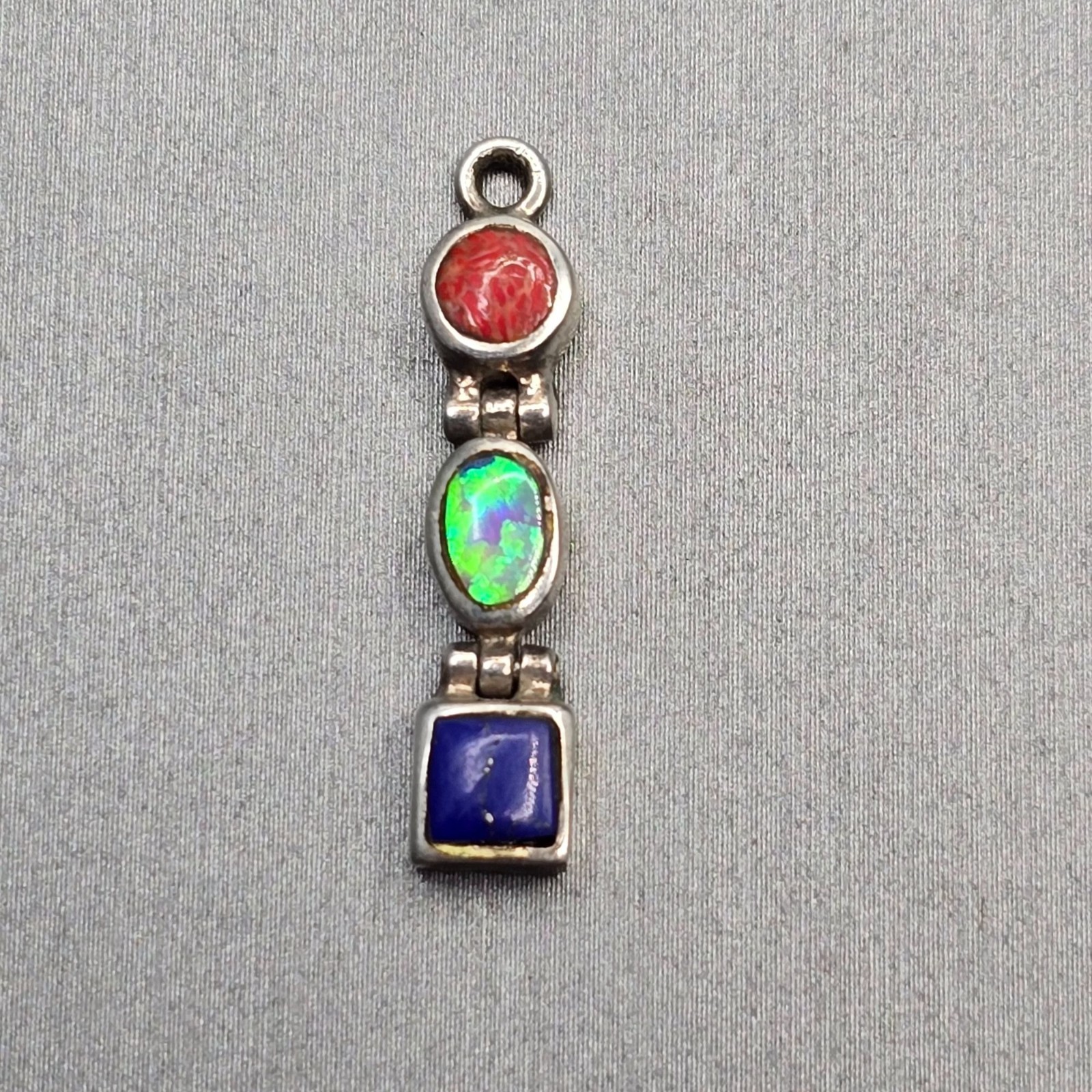 Vintage Sterling Silver Coral Opal Lapis Pendant Hinged Drop Style