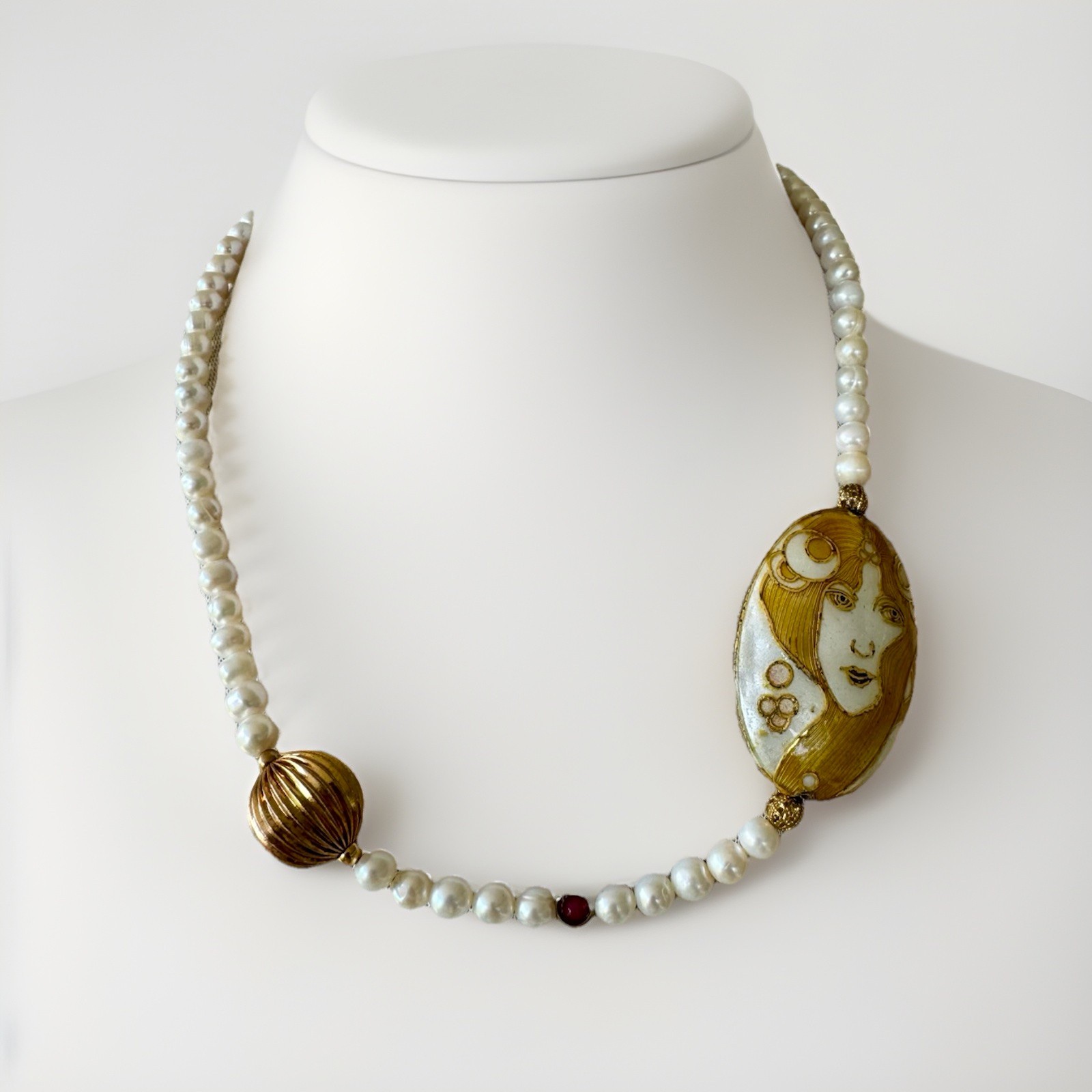 Vtg Etched Goddess Face Shell Pearl Necklace Deco Boho