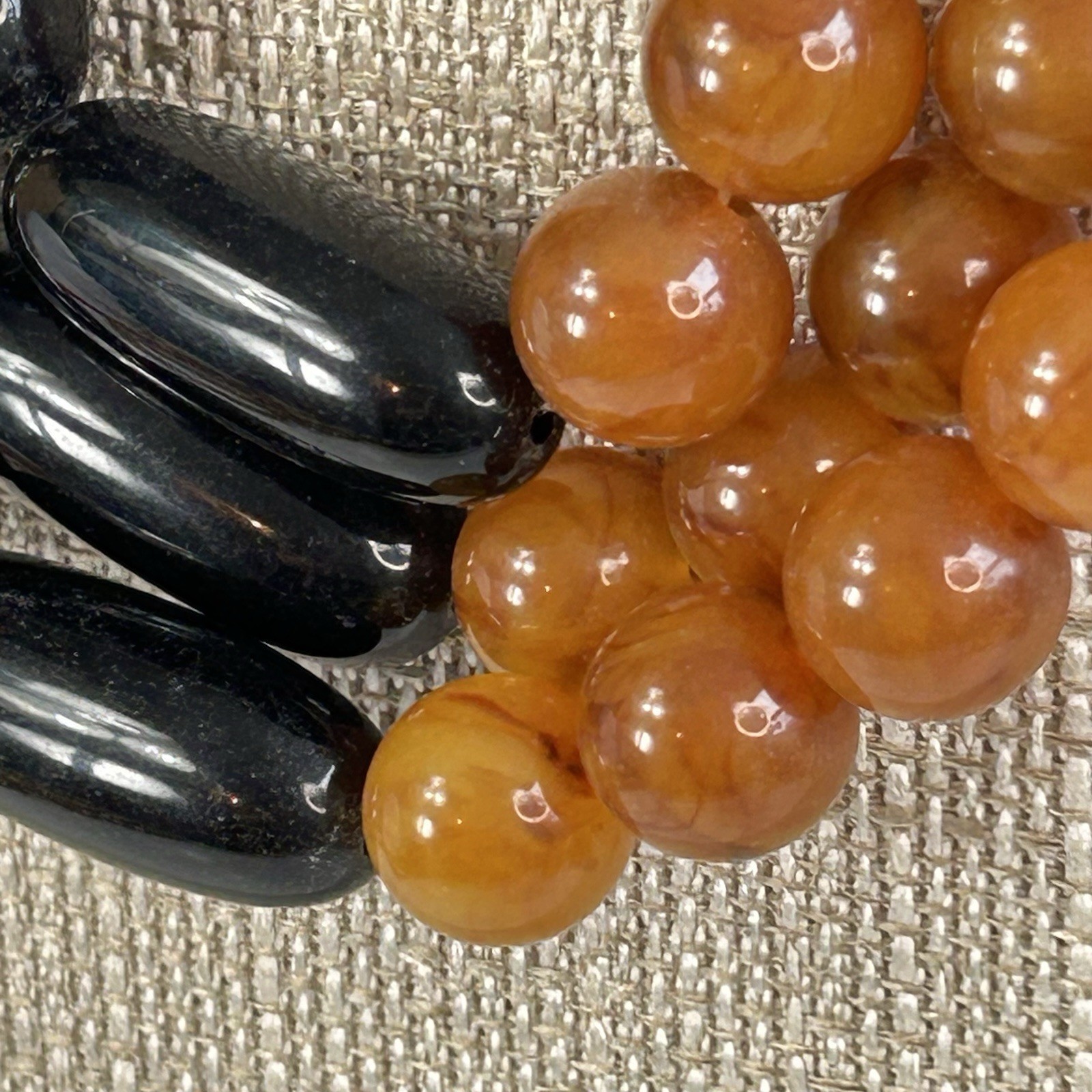 Vintage Chunky Necklace Black Marbled Golden Brown Lucite 3 Strand 18″ Statement