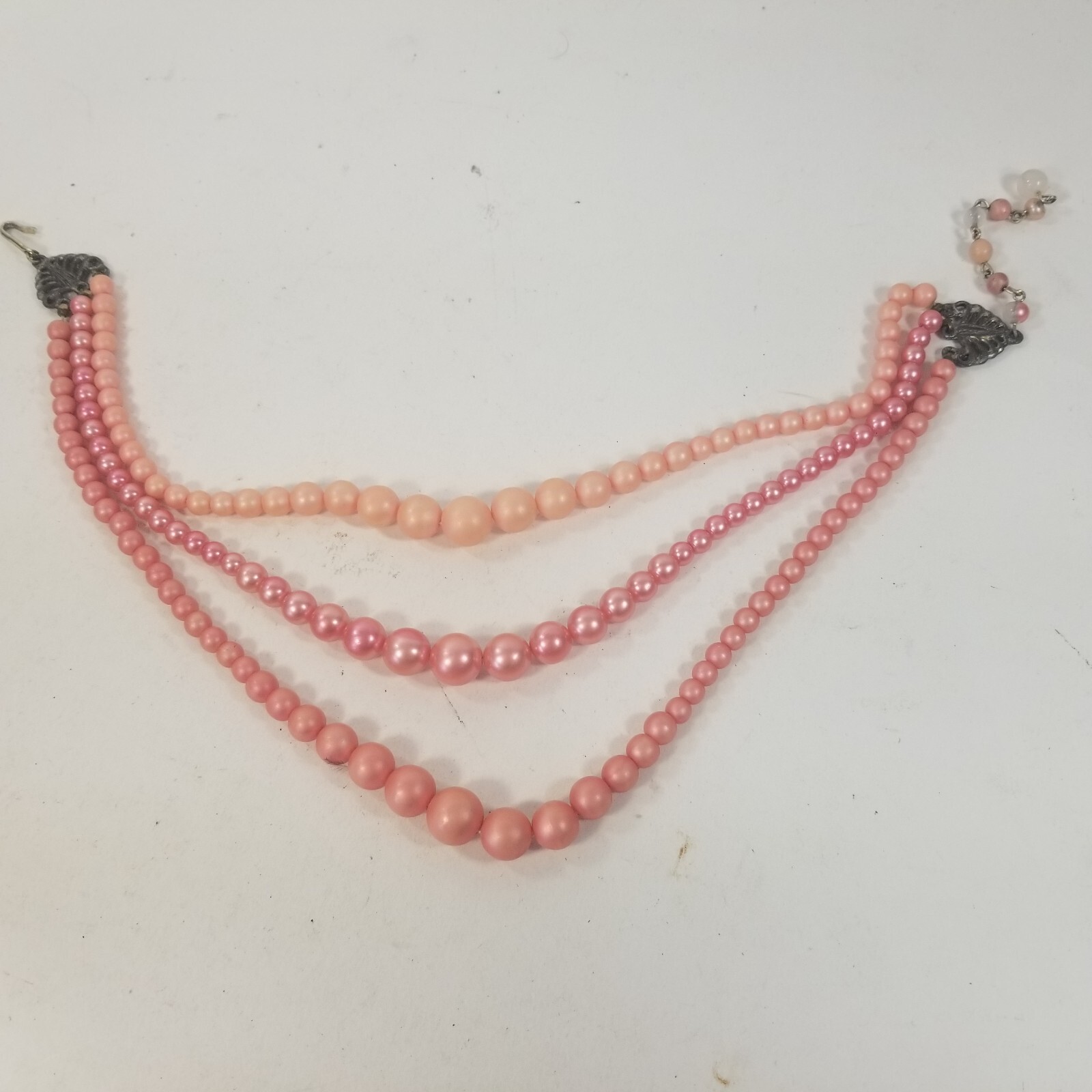 Vintage Mid-century 3 Strand Pink Beaded Necklace Hook Japan Multi-Strand Choker