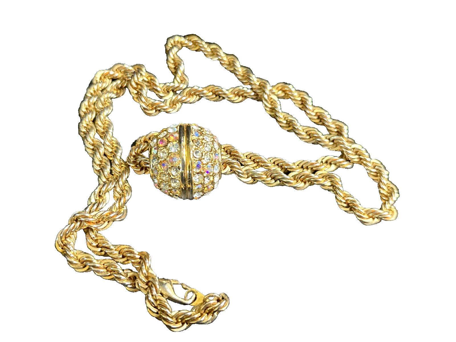 Vintage Rhinestone Slide Ball Charm Pendant necklace Gold Tone Iridescent