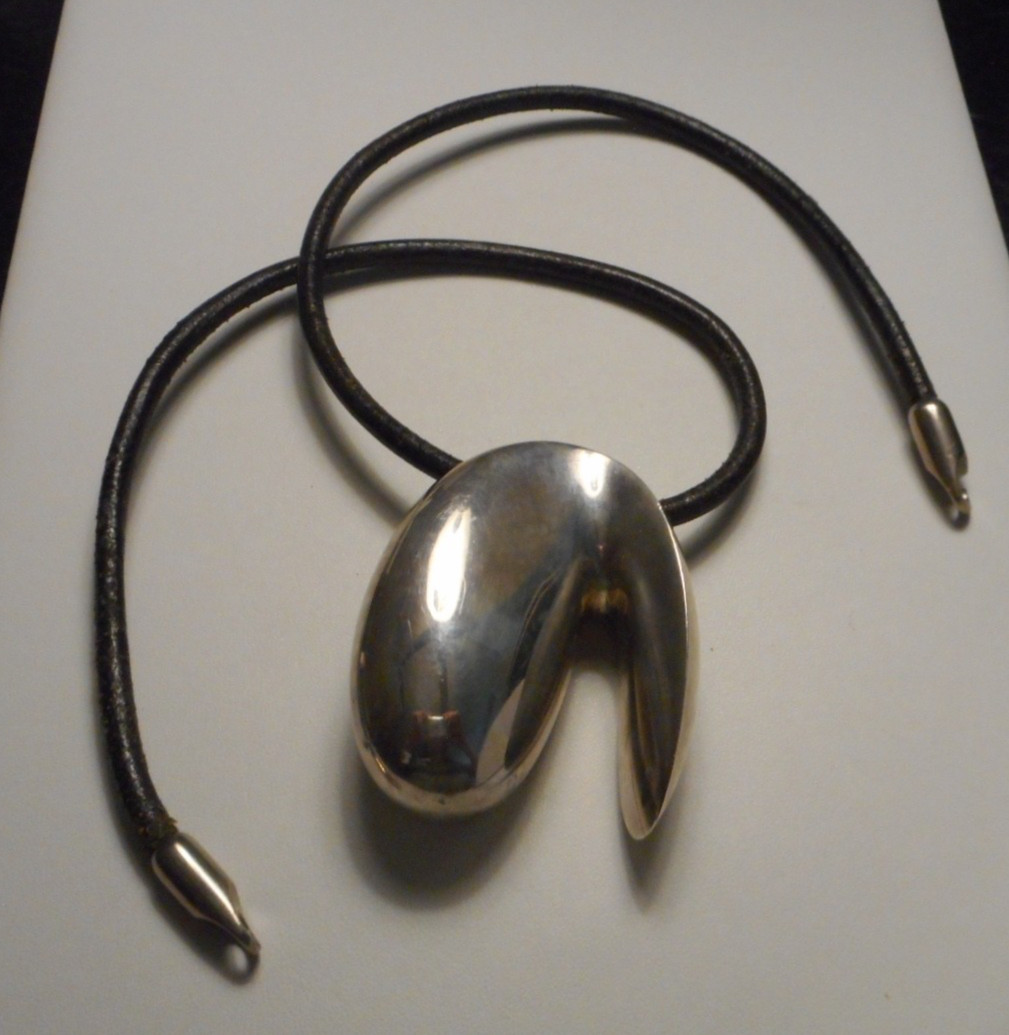 Large Modernist Sterling Organic Abstract Sculptural Pendant on Leather Cord 21″