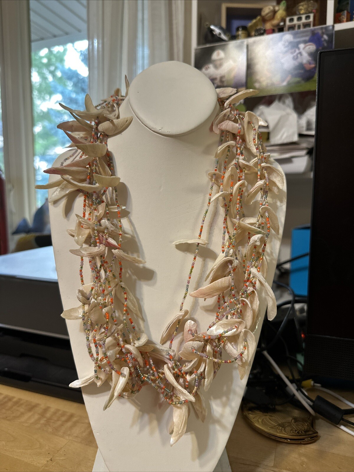 Hippie Boho Beach Babe Folk Art Shell and Abstract Bead Necklace