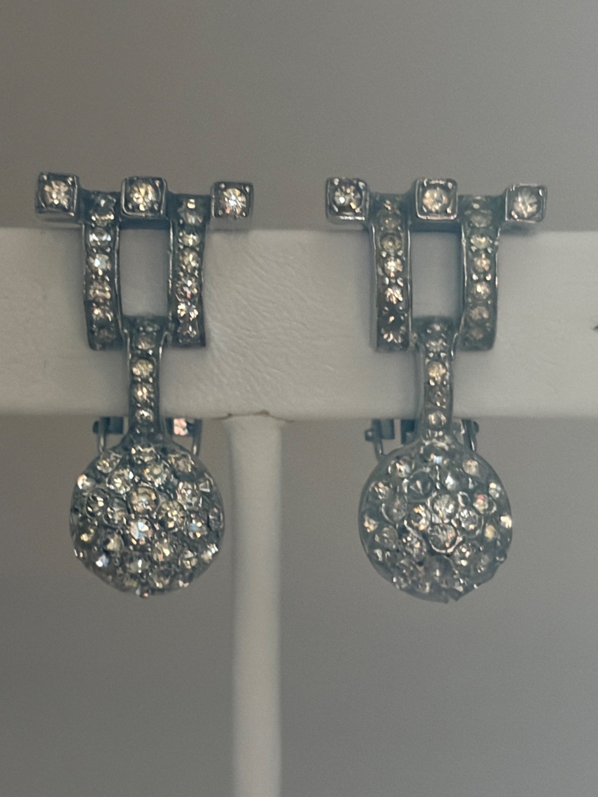 Art Deco Sterling Silver Rhinestone Drop Earrings Pat Pend Vintage 1930s