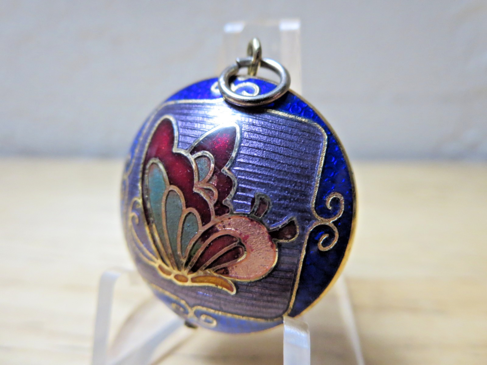Vintage Cloisonne Flower & Butterfly Superb Pendants Gold Fill Lining Enamel GT