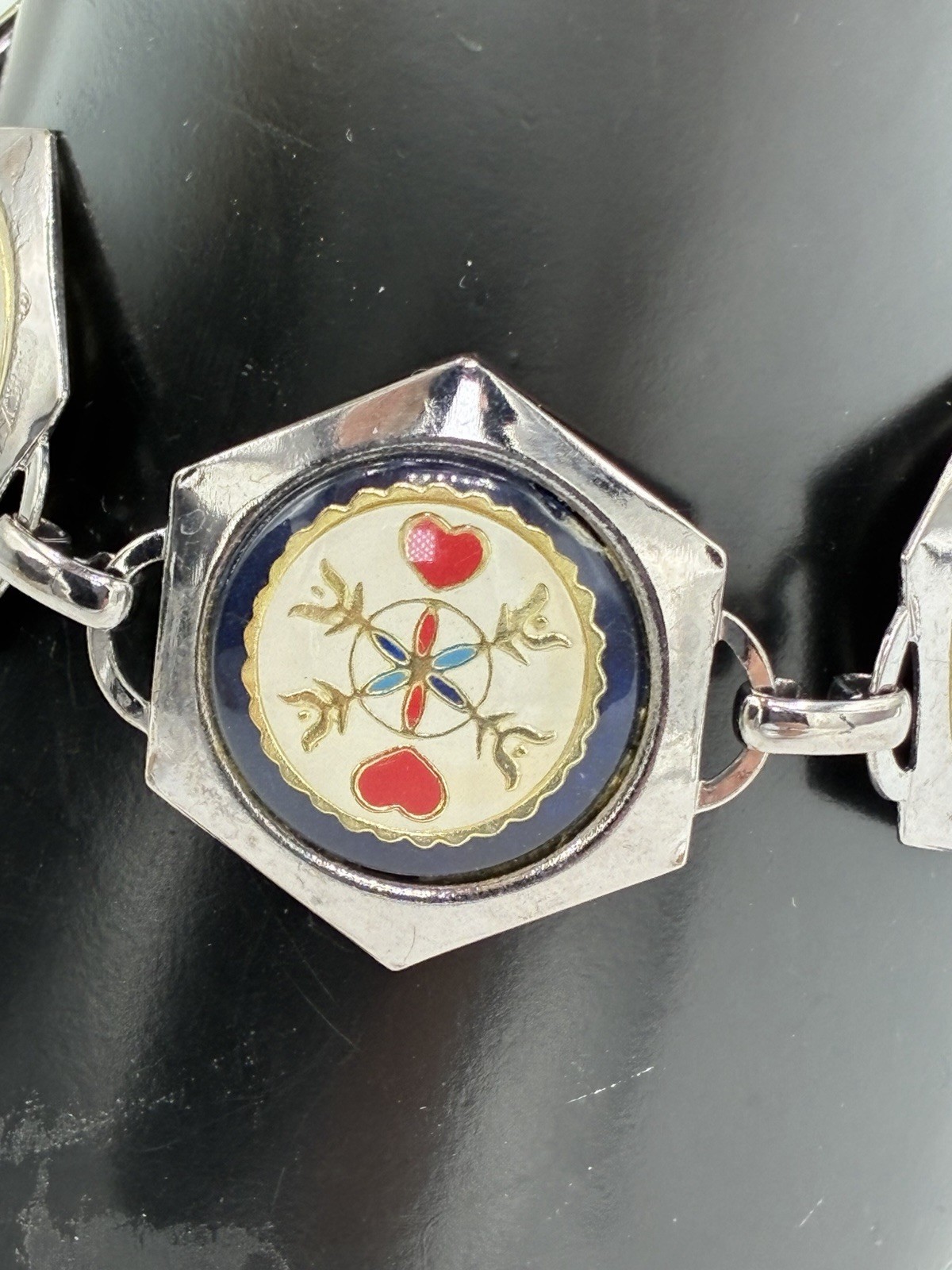 Vintage Pennsylvania Dutch Hex Sign Enamel Link Bracelet Silver Tone Folk Art