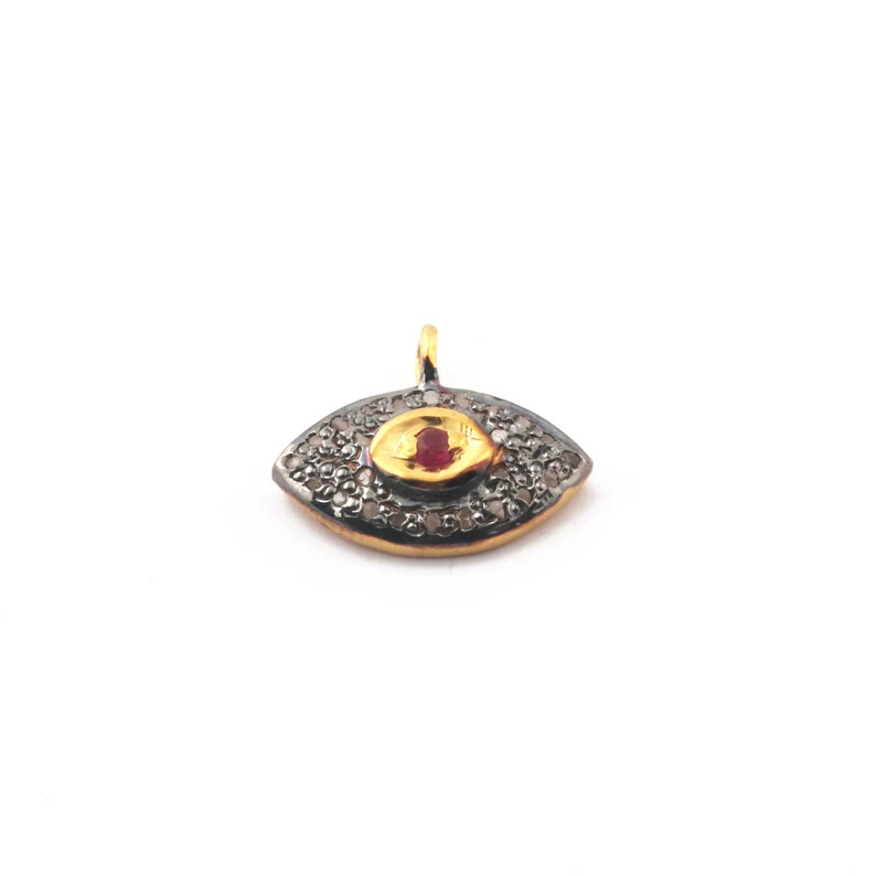 6ct Pave Diamond Evil Eye With Ruby Charm, 925 Sterling Vermeil Single Bail