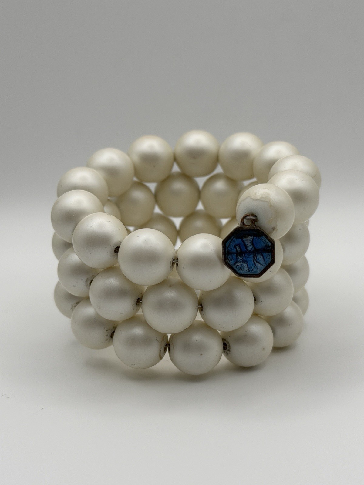 Vintage St. Anne De Beaupre Blue Enamel Rosary Wrap Bracelet Pearl Beads