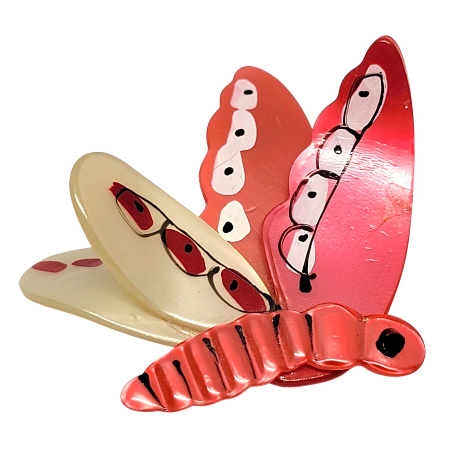 1940s Moth Brooch Vintage Figural Bug Pin of Cream & Red Acetate / Spun Nylon