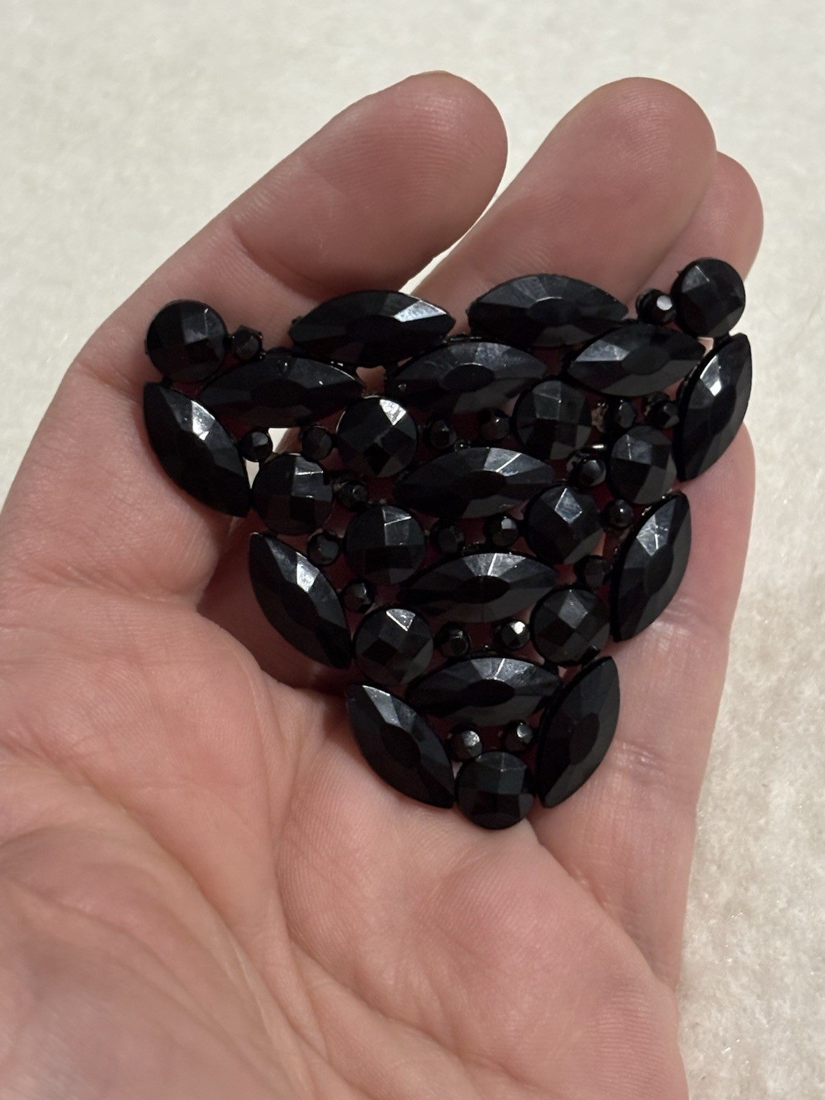Antique Czech Black Glass Brooch Art Deco French Jet Gothic Mourning Jewelry Pin