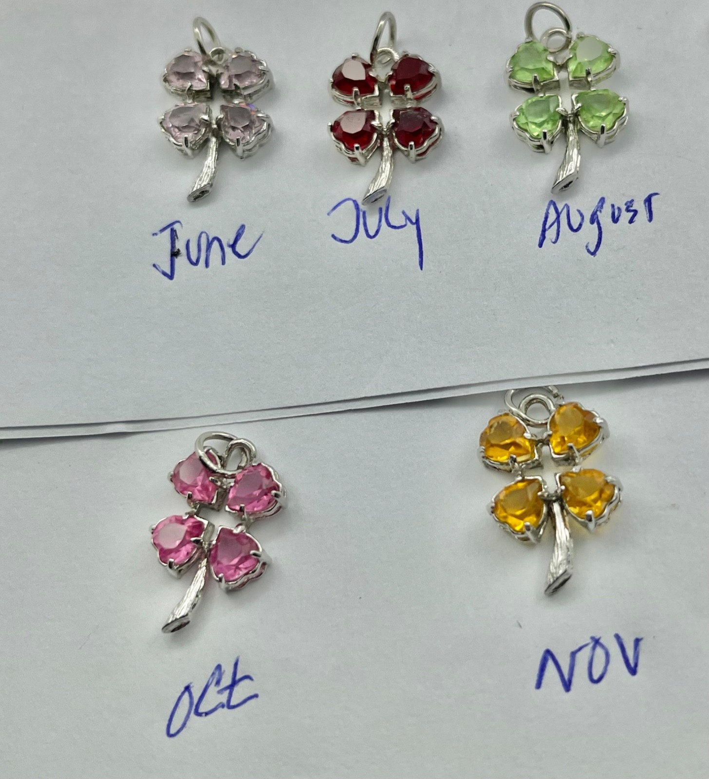 Vintage Mid Century Sterling Silver Rhinestone Birthday Clover Charms Pendants