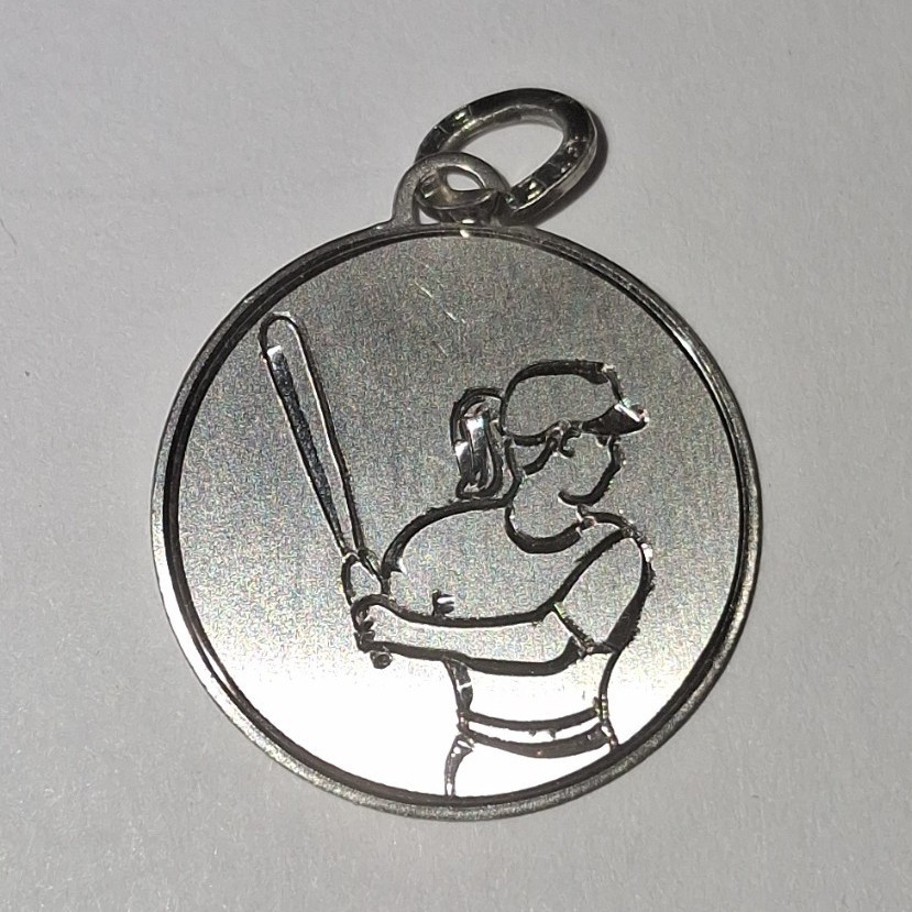 925 Sterling Silver Round Baseball Player Charm Pendant, Signed, No Stone