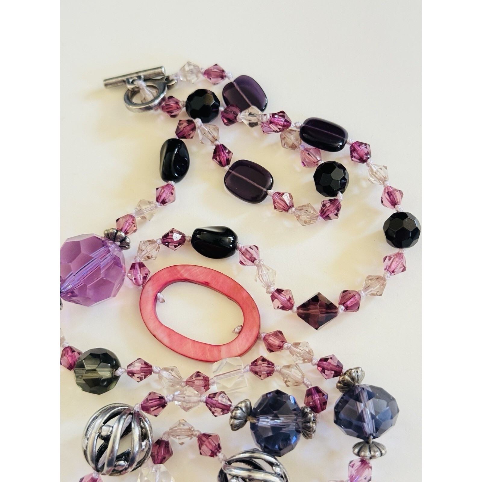 Vtg Necklace 90s Crystal Purple Pink Faceted Beads Mother Of Pearl Beads 40″