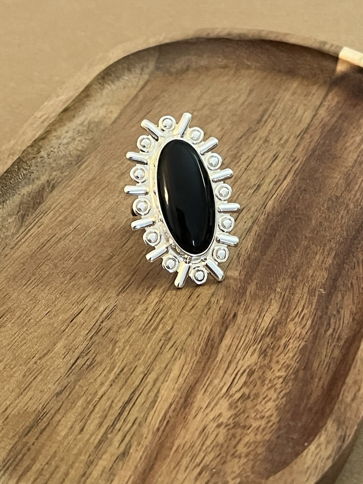 Vtg MEXICO Sterling Silver Black Onyx Large Oval Cabochon Split Band Ring Sz 6