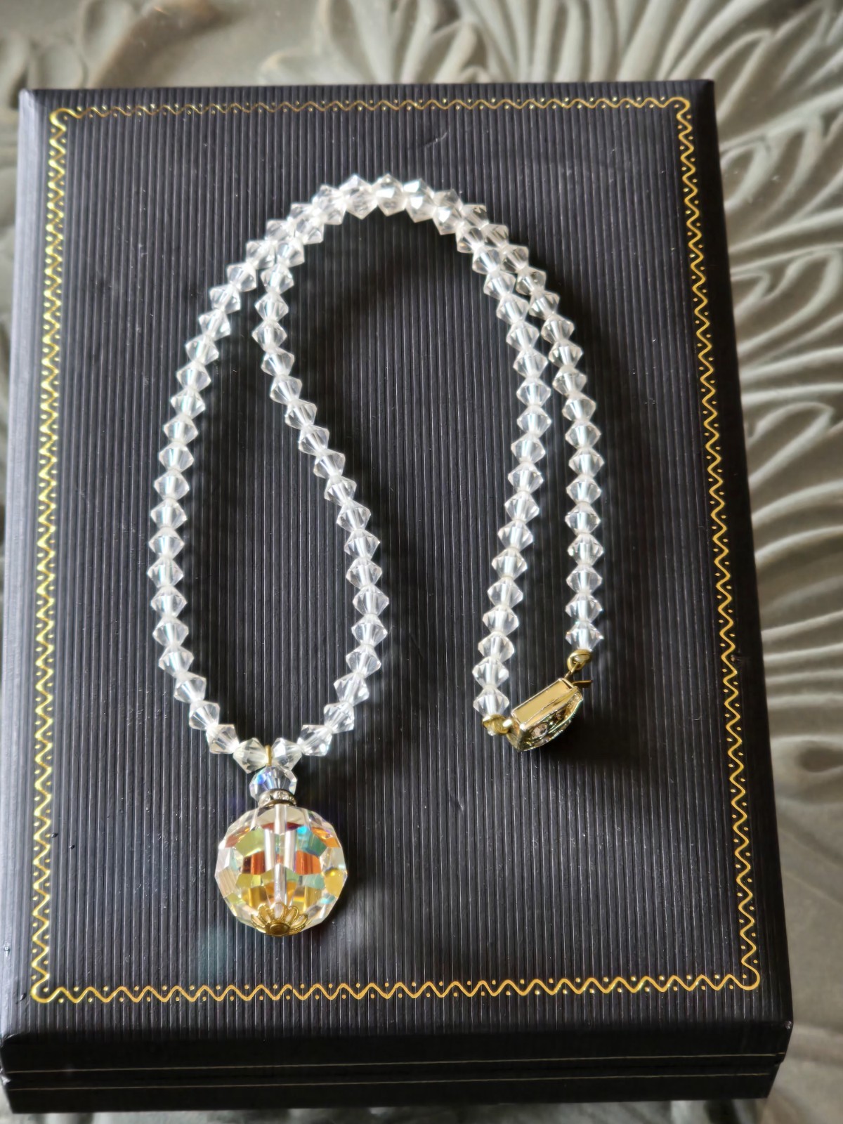 CZECH AURORA BOREALIS CRYSTAL BALL w CRYSTAL CHAIN PENDANT NECKLACE☆FILIGREE CAP