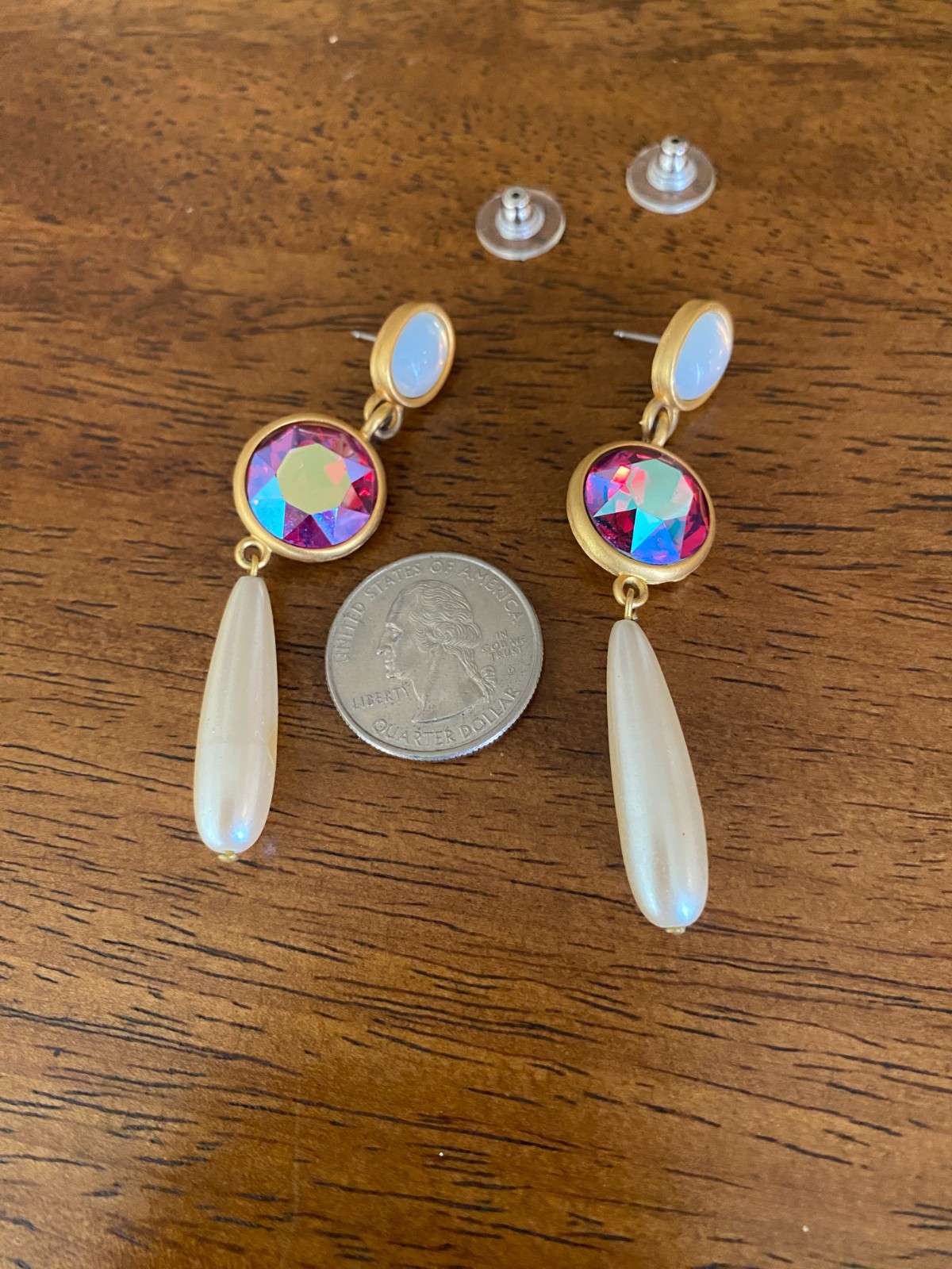 Vintage Mixed Media Dangle Earrings Opaline Glass Red AB Rhinestone Faux Pearl