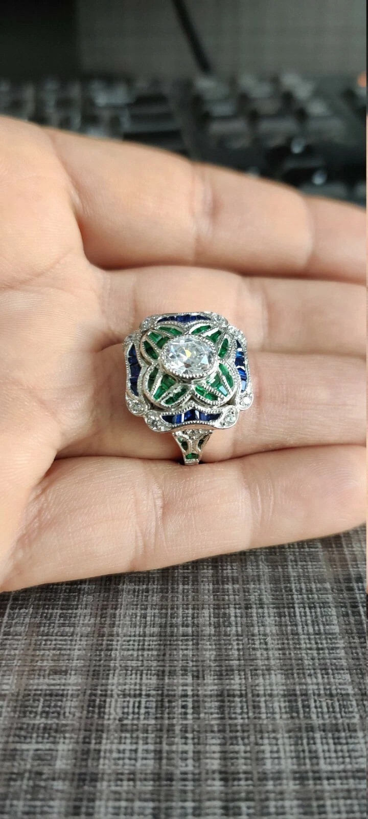 Art Deco Round Lab Created Diamond & Emerald Wedding 14Ct White Gold Finish Ring