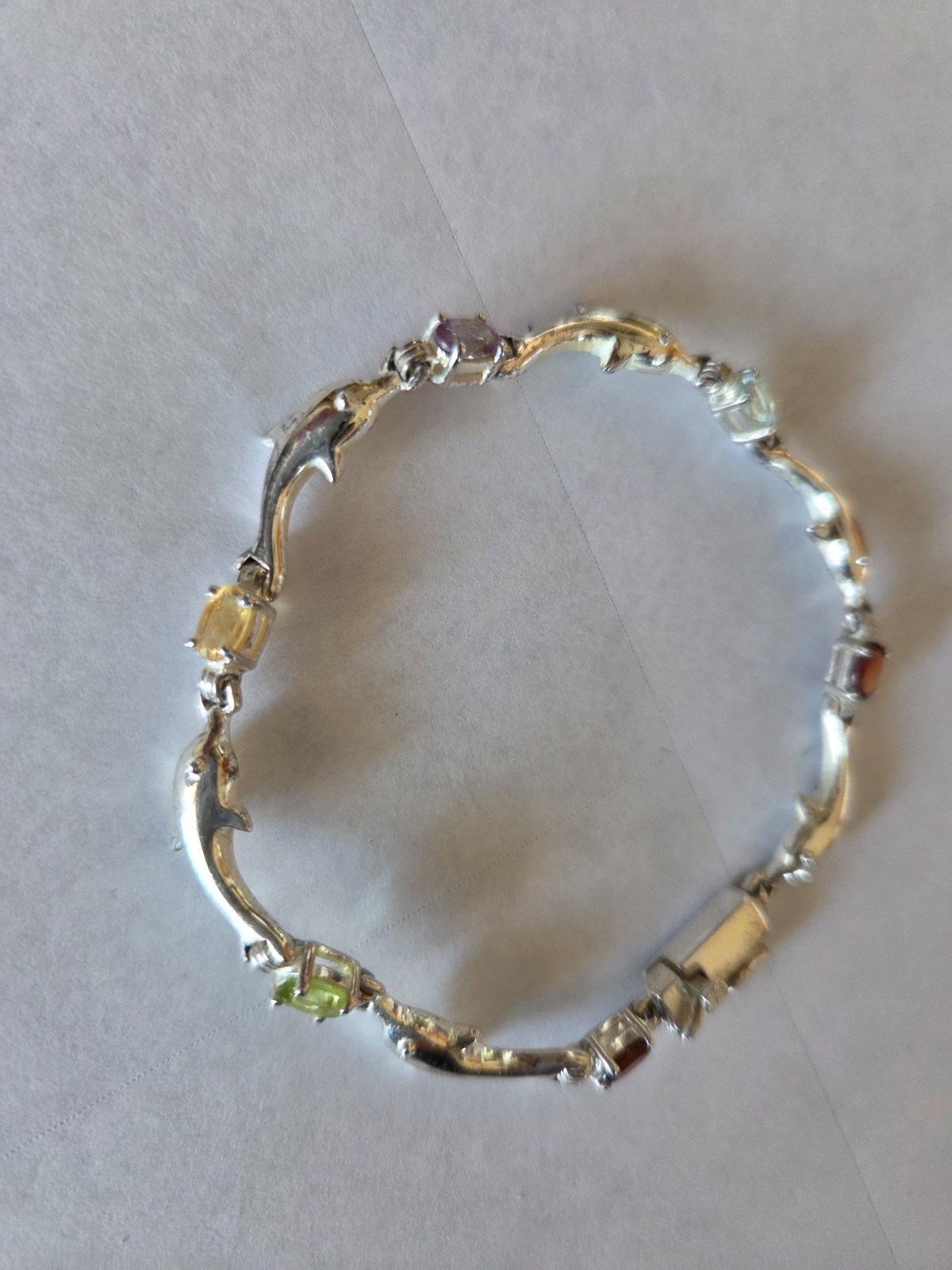 Sterling Silver Vintage 925 Dolphin Link Multi-Stone Bracelet