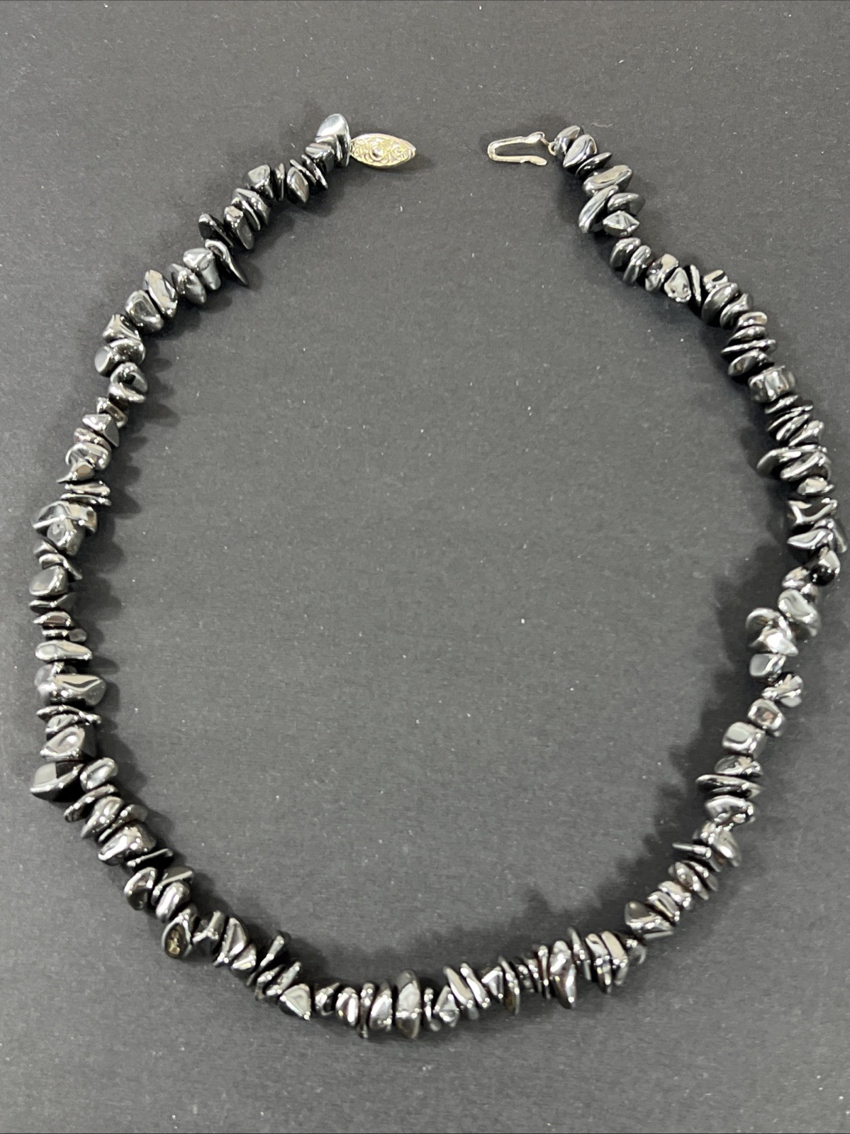 Tumbled Hematite Beaded Necklace Vintage Natural Chip 17″