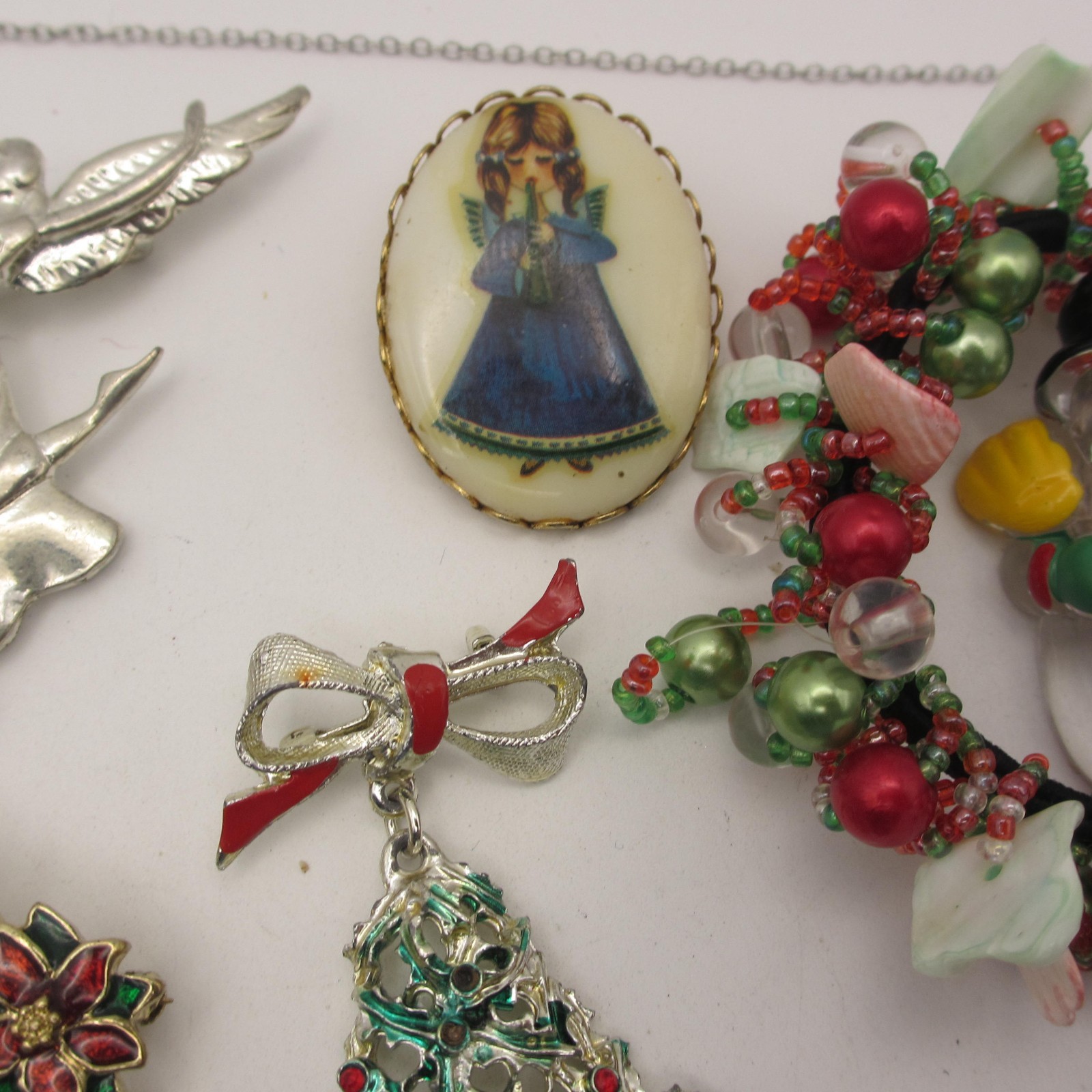 Vintage Christmas Jewelry Lot Angel Snowman Tree Wreath Ornament Star