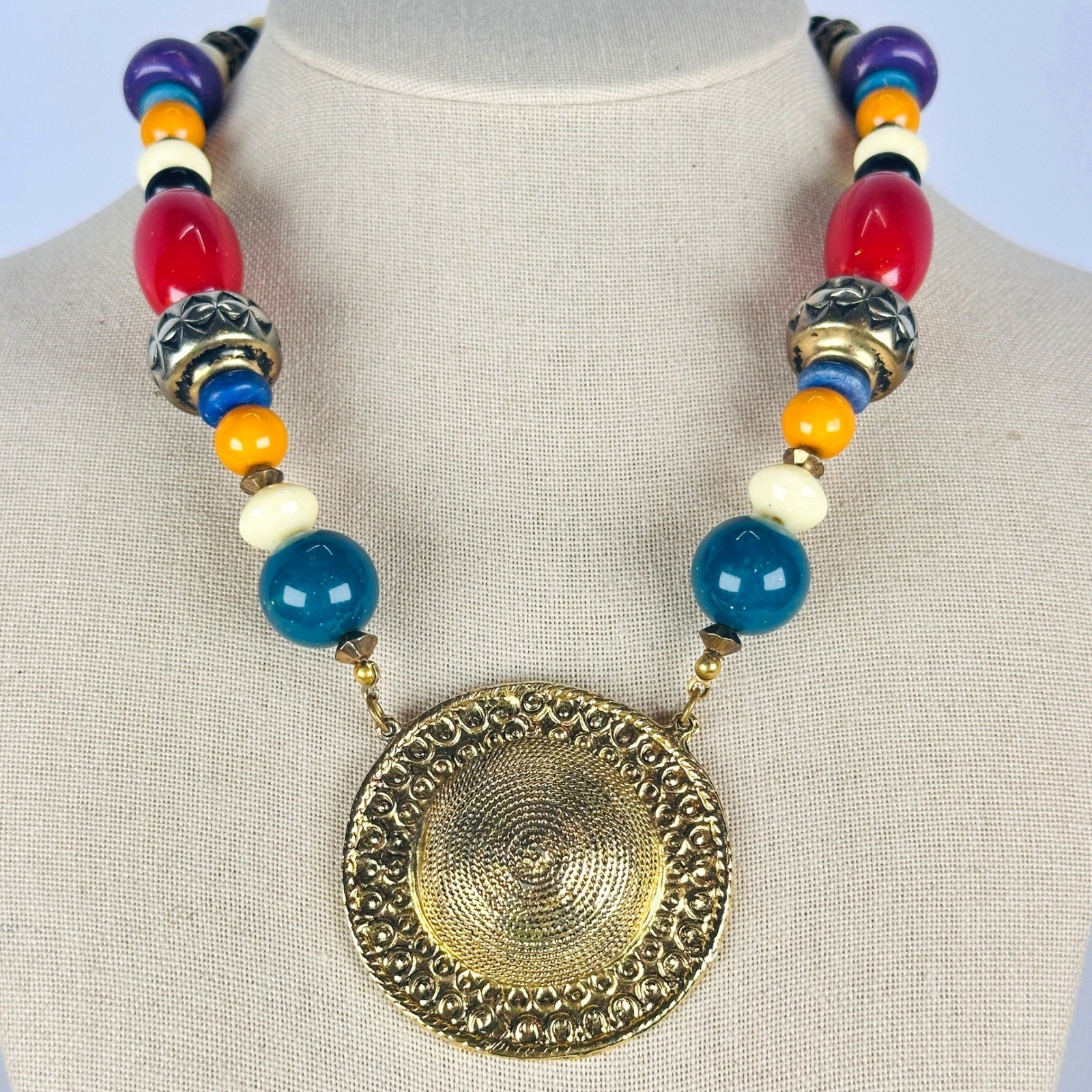 Carol Dauplaise Vintage Designer Multicolor Bead Gold Medallion Necklace Boho