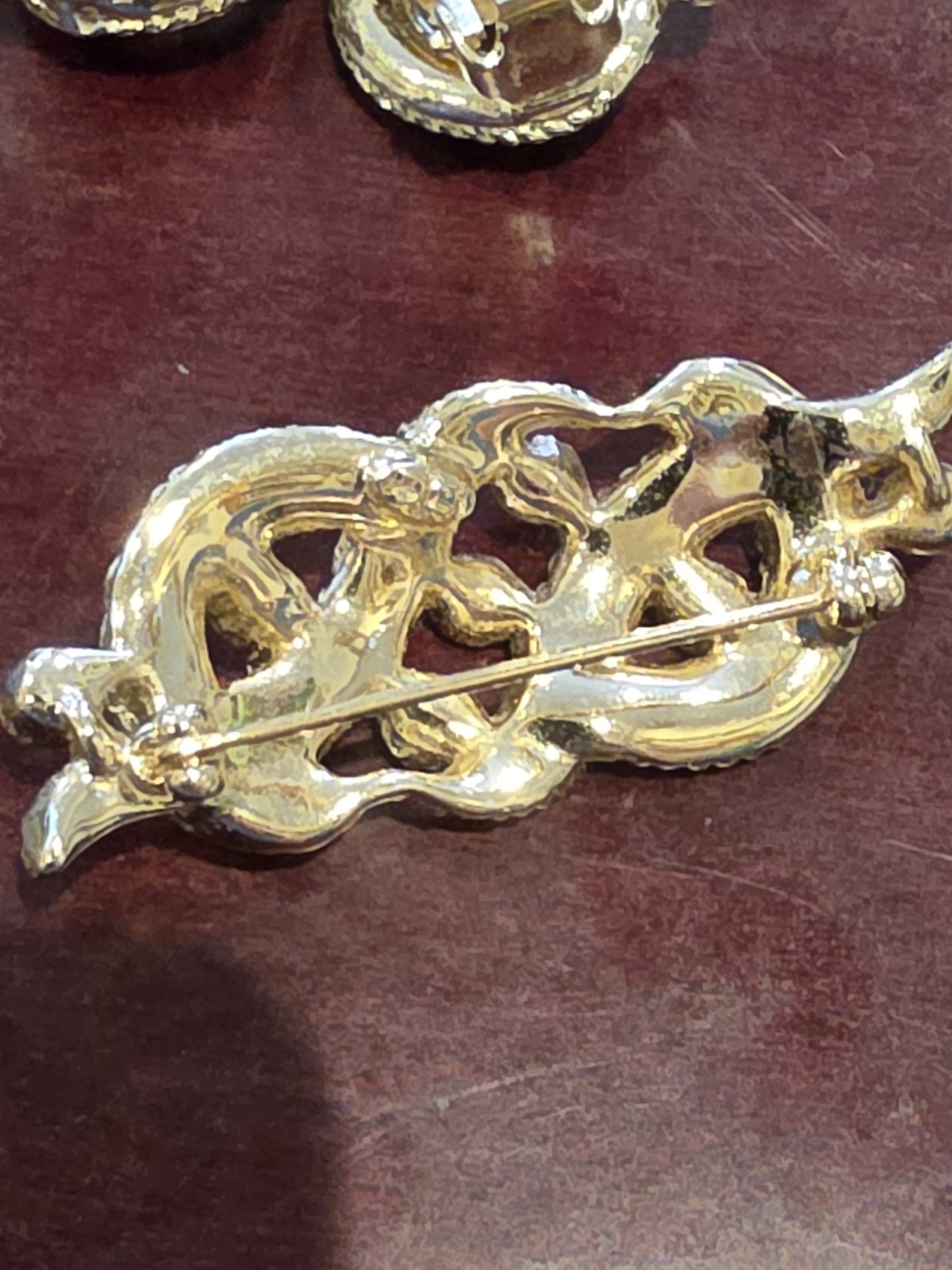 Vintage Gold Tone Snake Brooch & Clip Earrings Set Rhinestone Serpent Knot