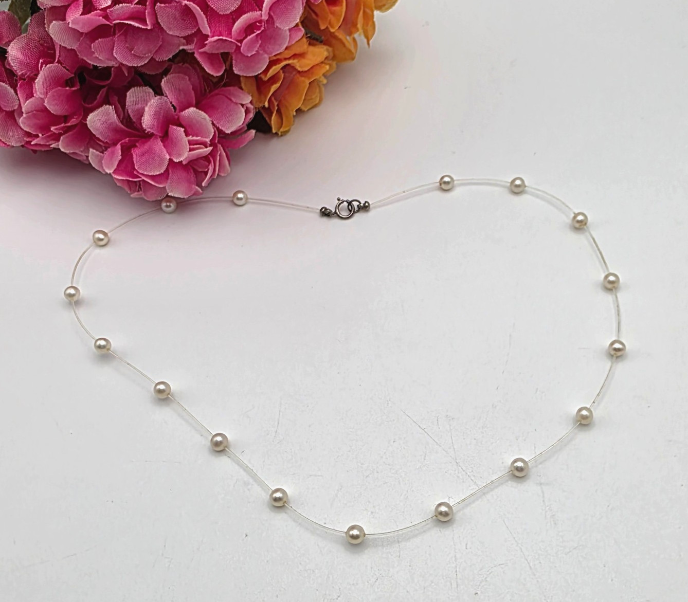 Vintage Sterling Silver 16″ Floating Illusion Pearl Station Necklace 4mm
