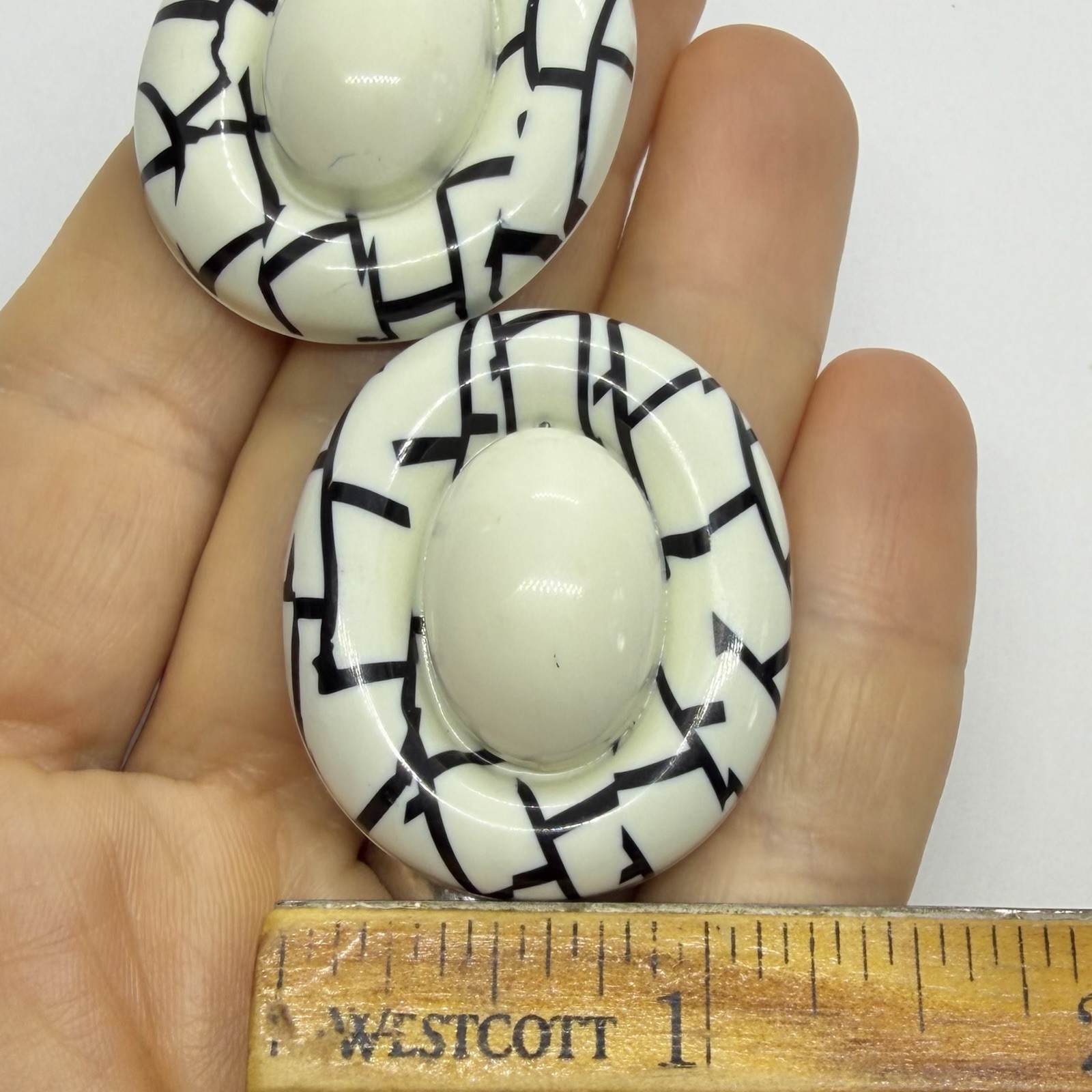 Vtg 80’s Black White Lucite Cabochon Geometric Statement Earrings Post Large Big