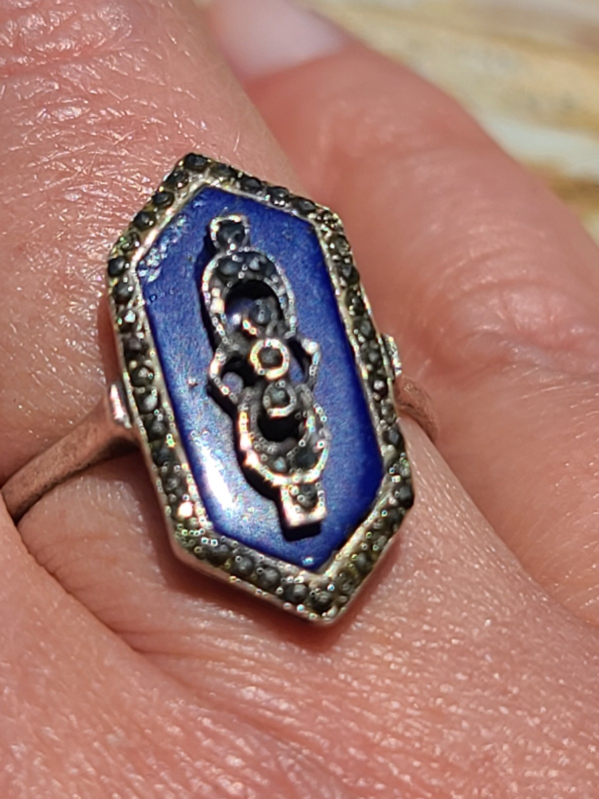 Fancy Antique VTG Art Deco Sterling Silver Lapis Lazuli Marcasite Ring Size 8