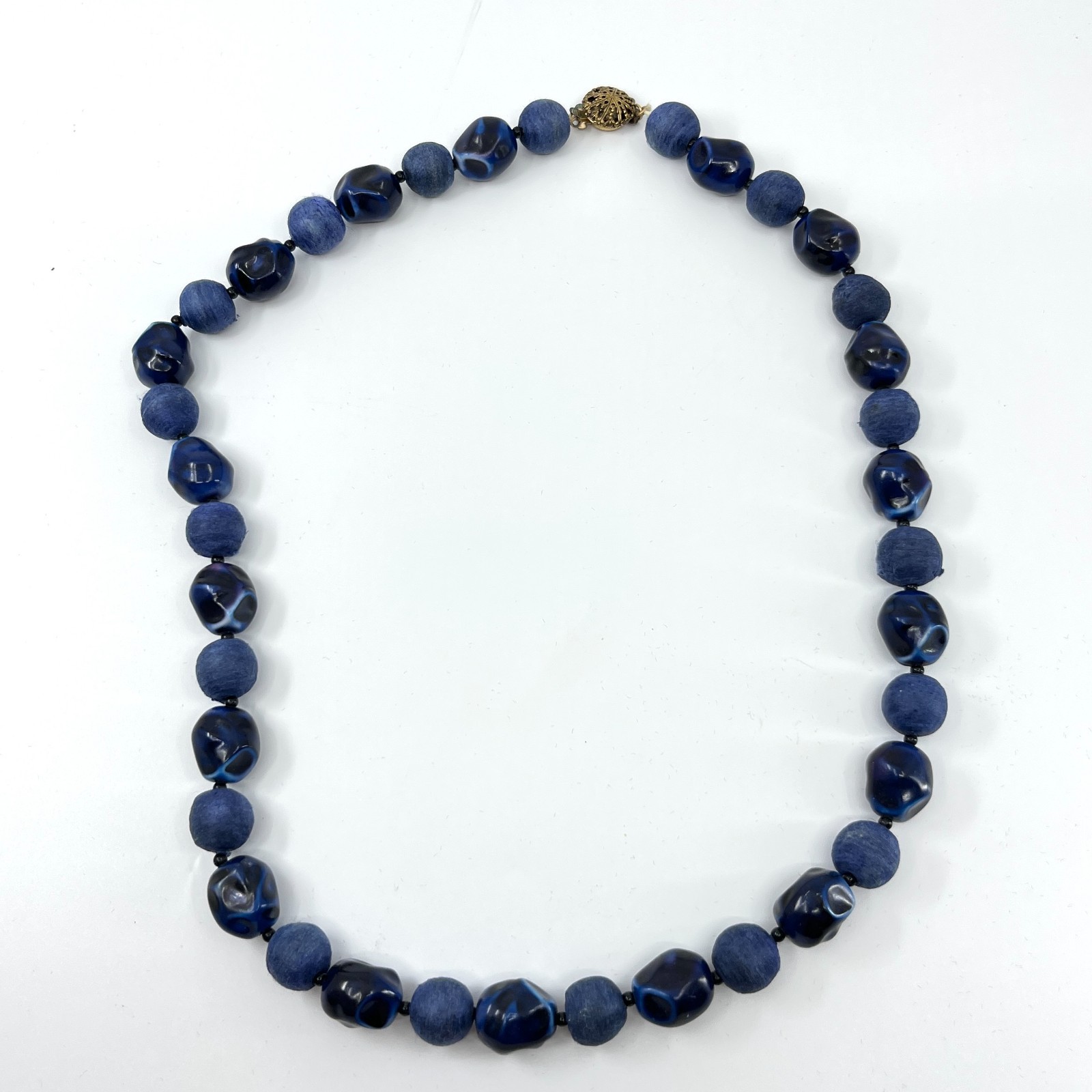 VTG Blue Venetian Style Glass Beaded Necklace Boho Felted Fabric Retro Indigo