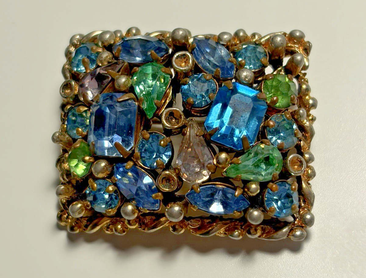 Vintage Barclay Multi-Stone Blue & Green Rhinestone Brooch