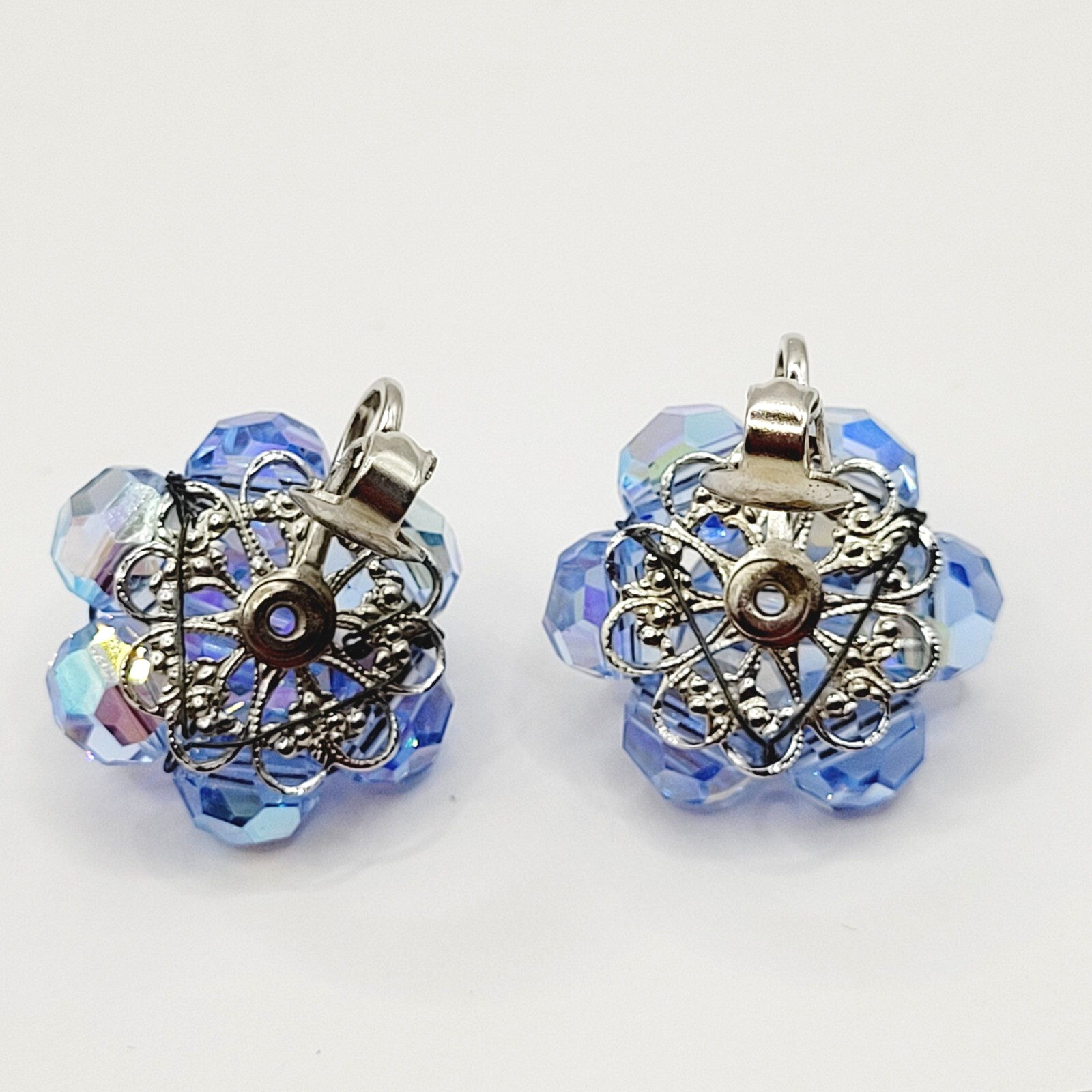 Light Blue Faceted Crystal Bead Cluster Sparkling Fancy Vintage Clip On Earrings