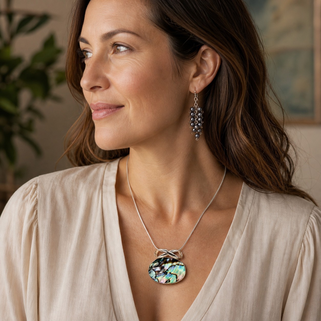 Abalone Necklace Pearl Earring Set Sterling Silver Pearl Paua Shell Statement