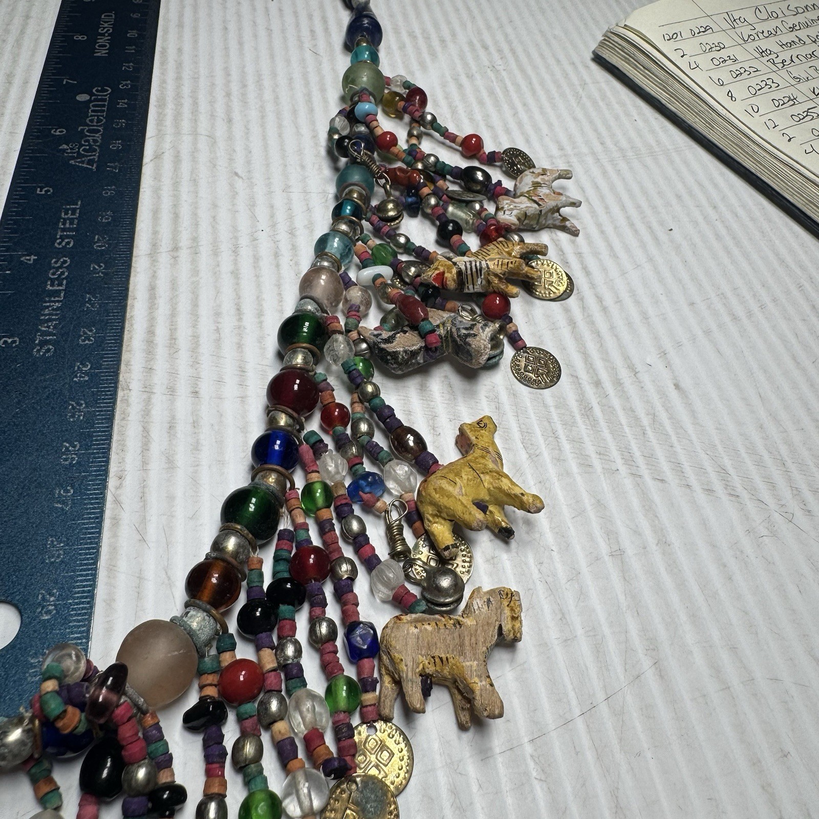 VTG Mid Century African Art Glass Bead and Animal Necklace Extra Long Need Work