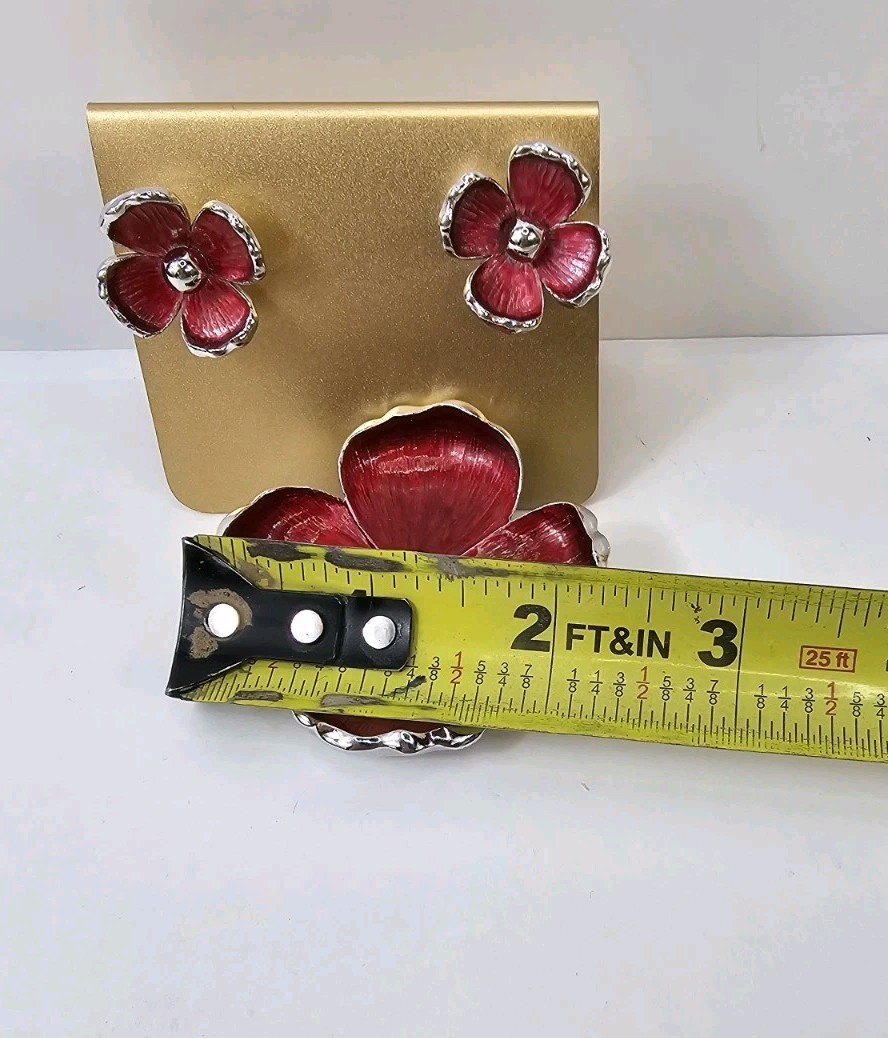 Vintage Kramer Red Enamel Flower Brooch Pin And Earrings Set