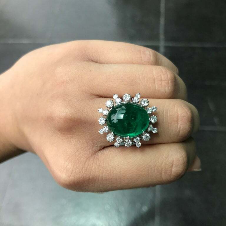 Light Deep Green 13.04 Carat Cabochon Emerald and 1.21CT Round CZ Cocktail Ring