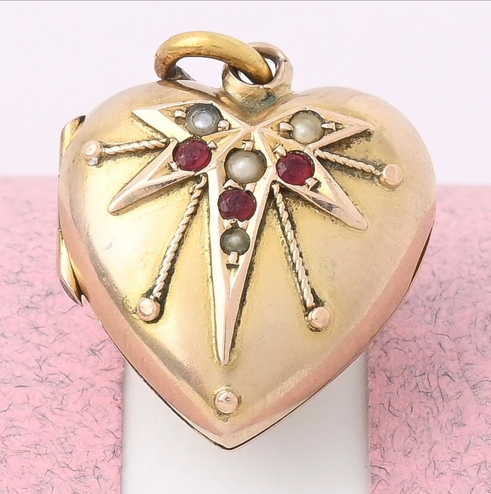 Antique Victorian Puffy HEART Starburst Gold Filled Paste Charm Pendant Locket