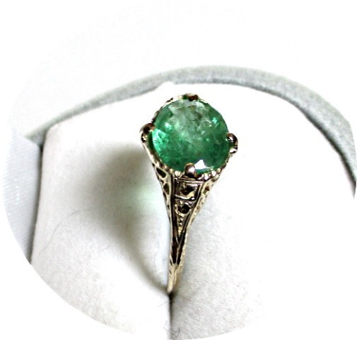EMERALD Ring- Natural – Art Deco 14k Yellow Gold Filigree Mtg. – Certifcate..