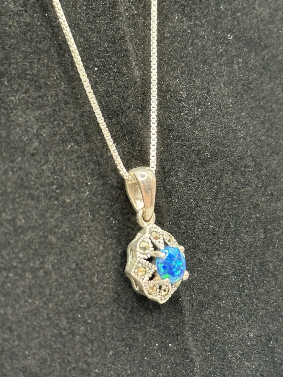 VTG: Sterling Silver925 Pendant Blue-Crafted Opal W/ Marcasite Surroundings 18”