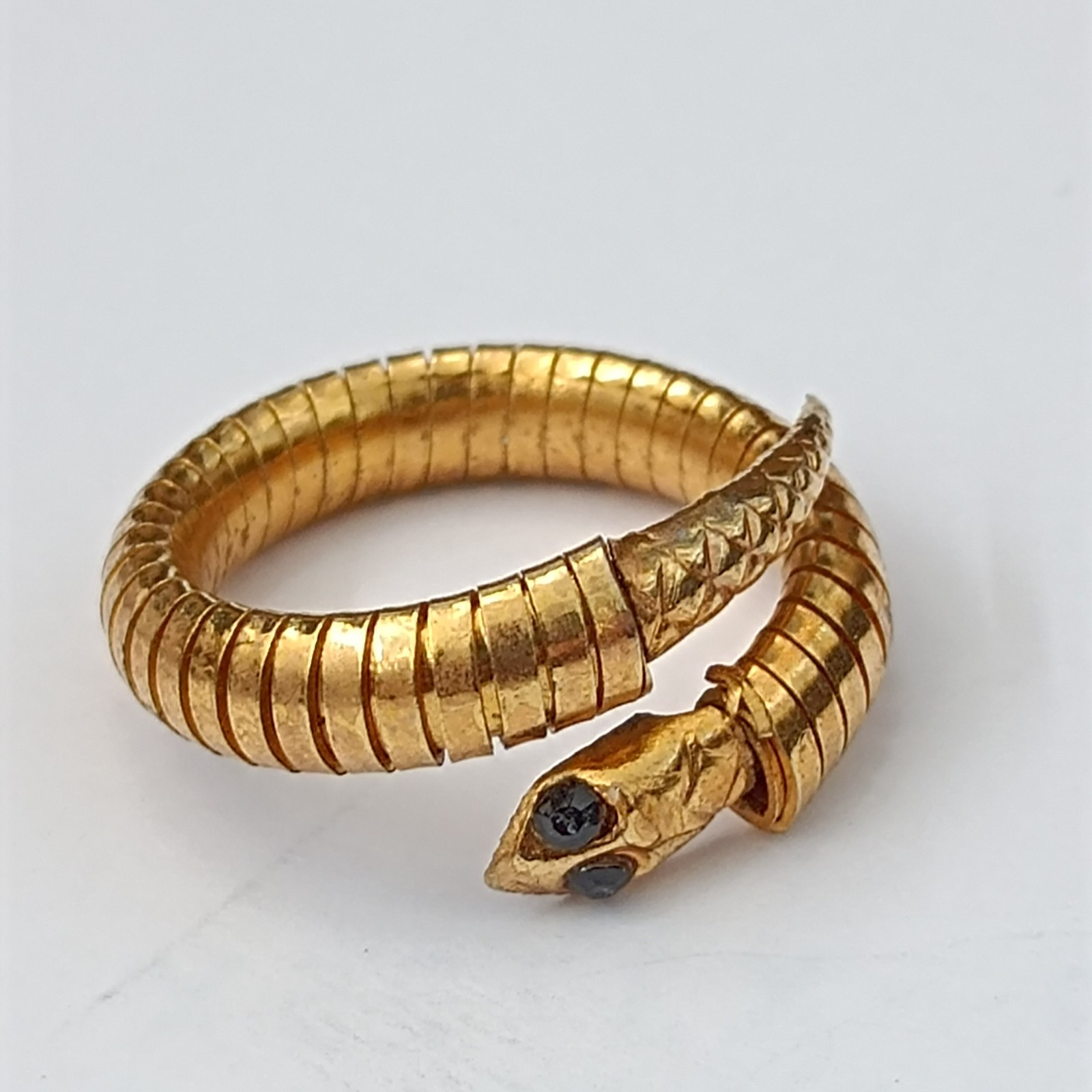 Snake Wrap Ring Gold Tone Band Vintage Retro Coiled Egyptian Revival Black Eyes