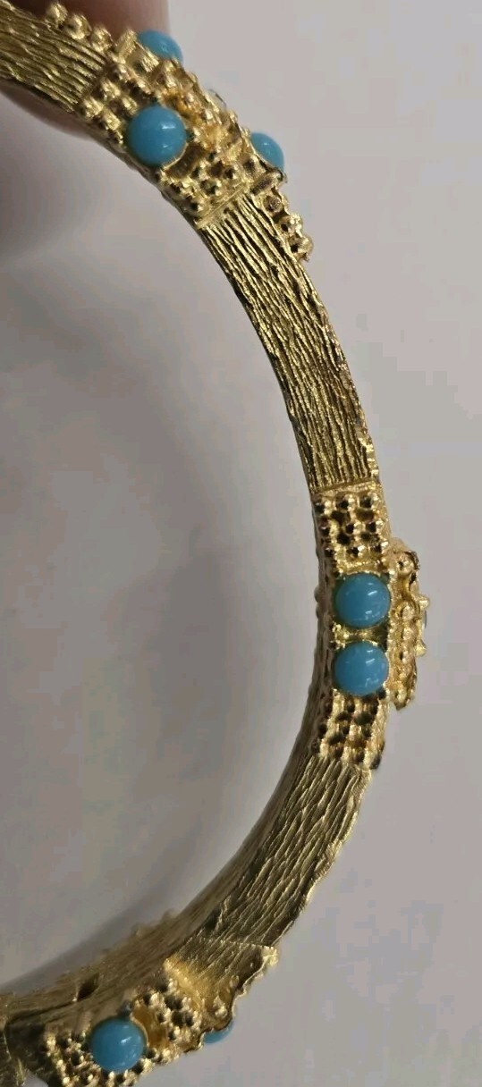 Vintage 1968 Grosse (Germany) Gold Plated Oval Bangle Bracelet W Turquoise 2.75″