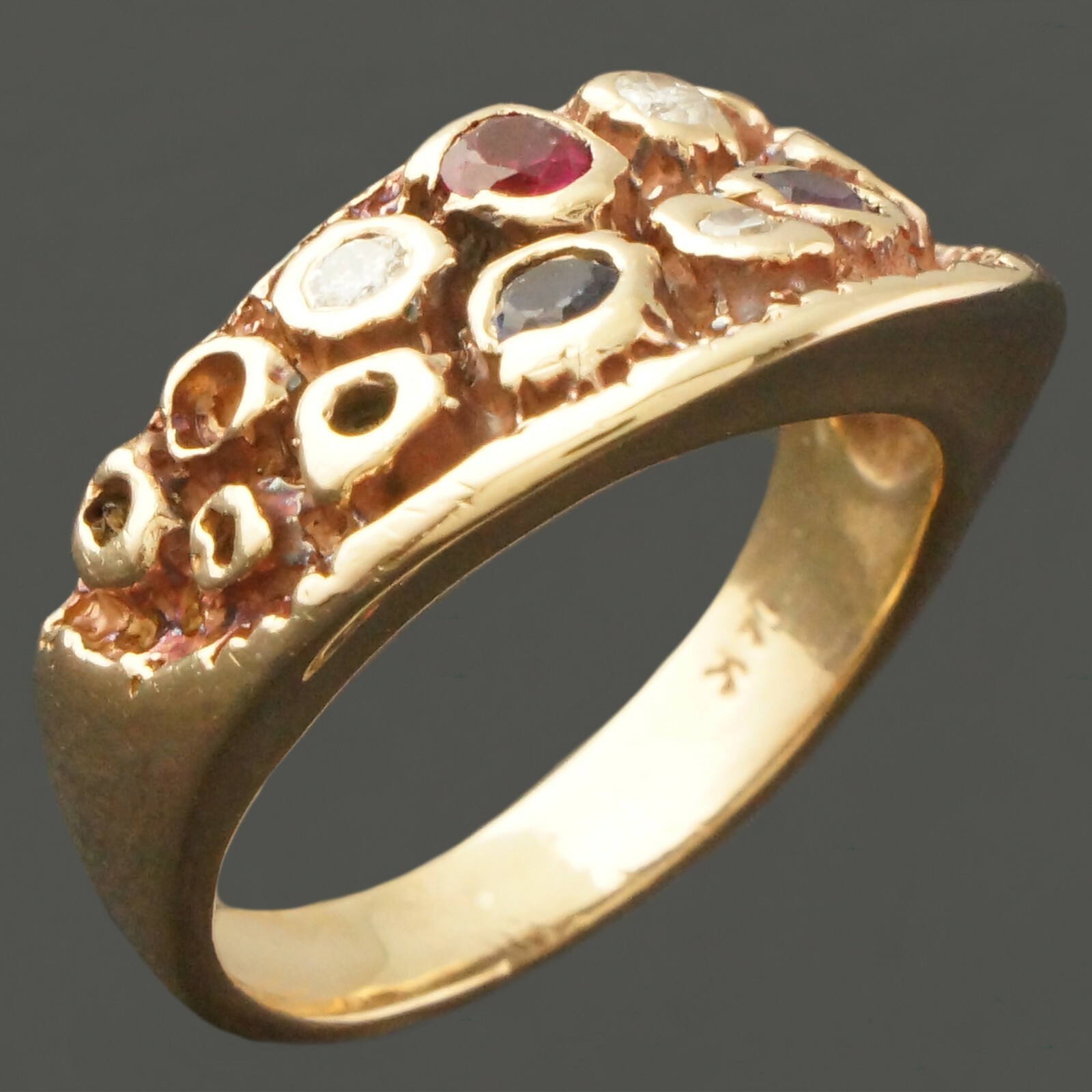 Custom Solid 14K Yellow Gold Ruby, Sapphire, Amethyst, Diamond Half Moon Ring