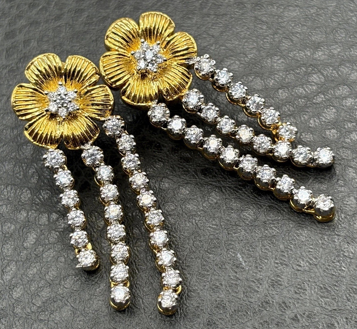 Gorgeous Cubic Zirconia Flower Gold Plated Chandelier Drop Pierced Earrings