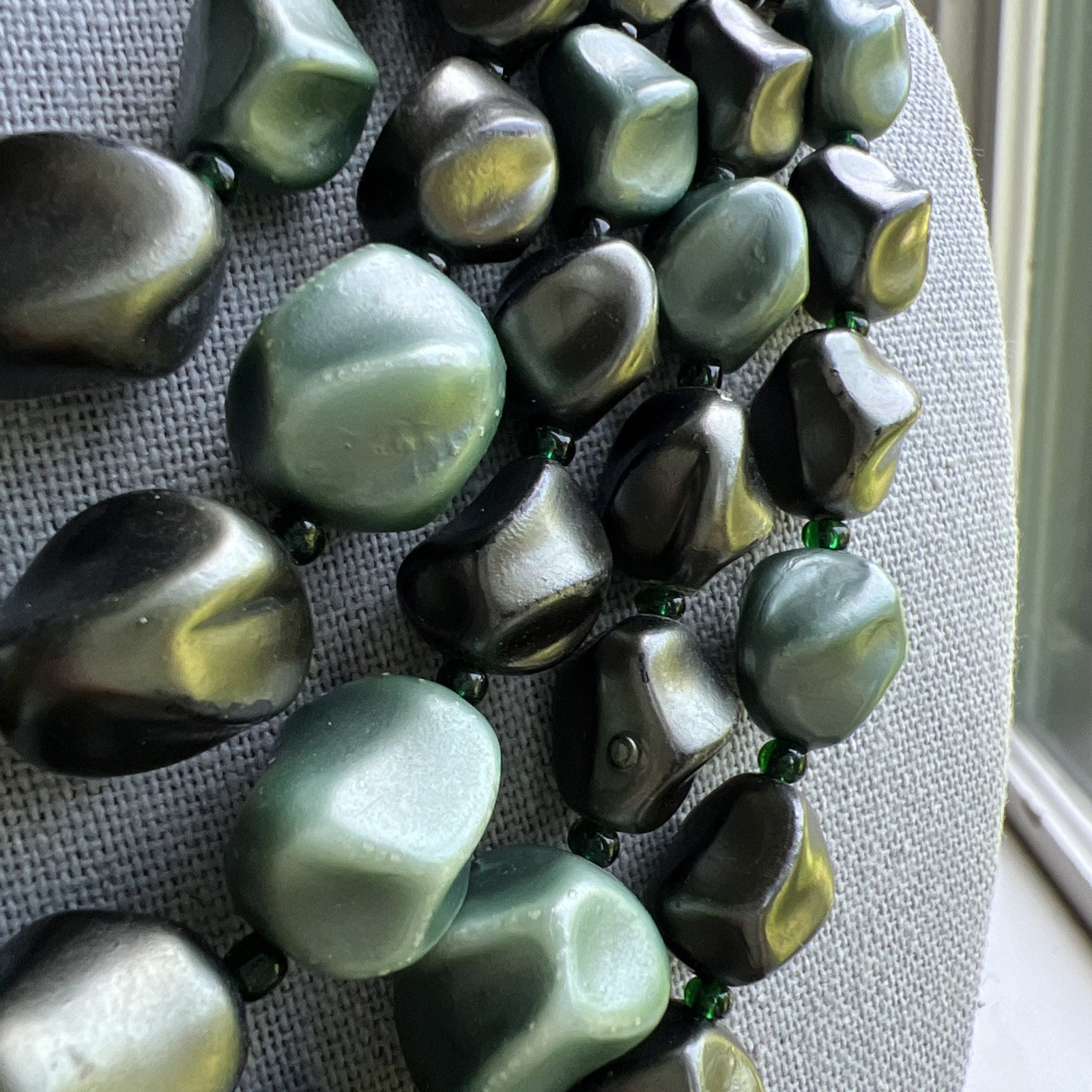Rare Vintage 5 Strand Faux Stone Gray-Green Necklace; Beautiful!