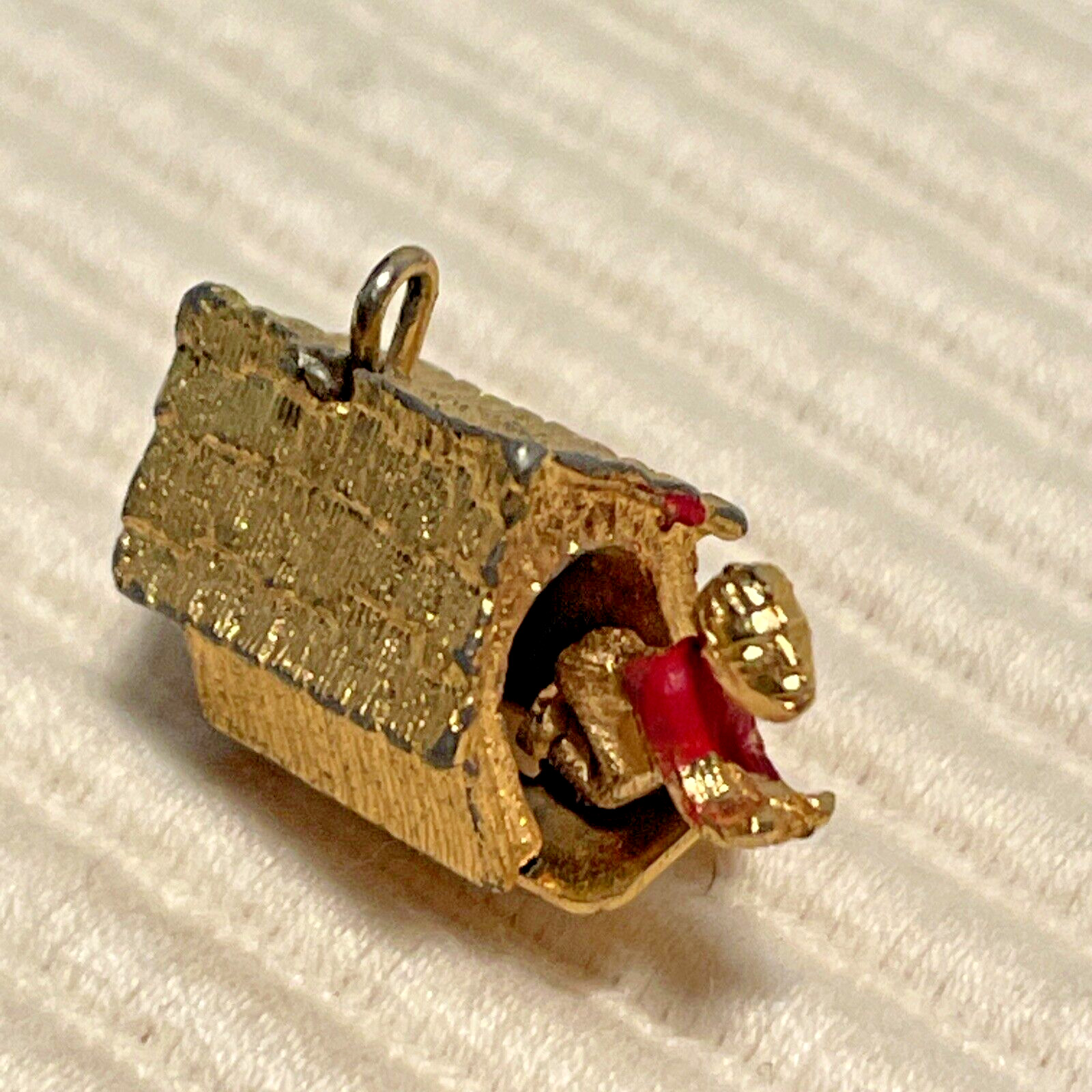 1960’s Man in Doghouse Goldtone Bracelet Charm Mechanical Signed C S Red Paint